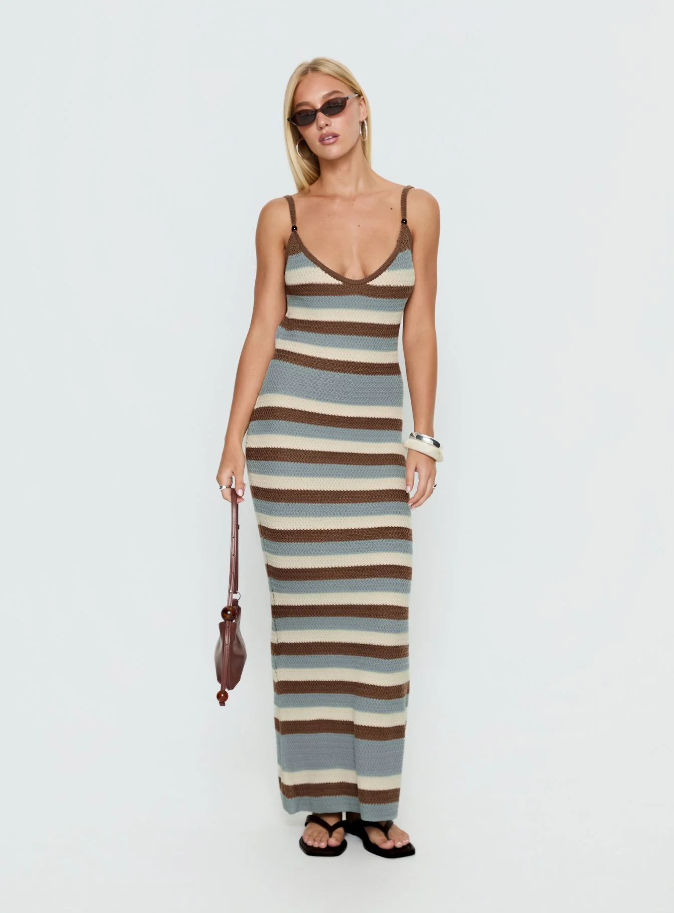 Leylana Scoop Knitted Maxi Dress Blue / Brown Stripe - Image 3