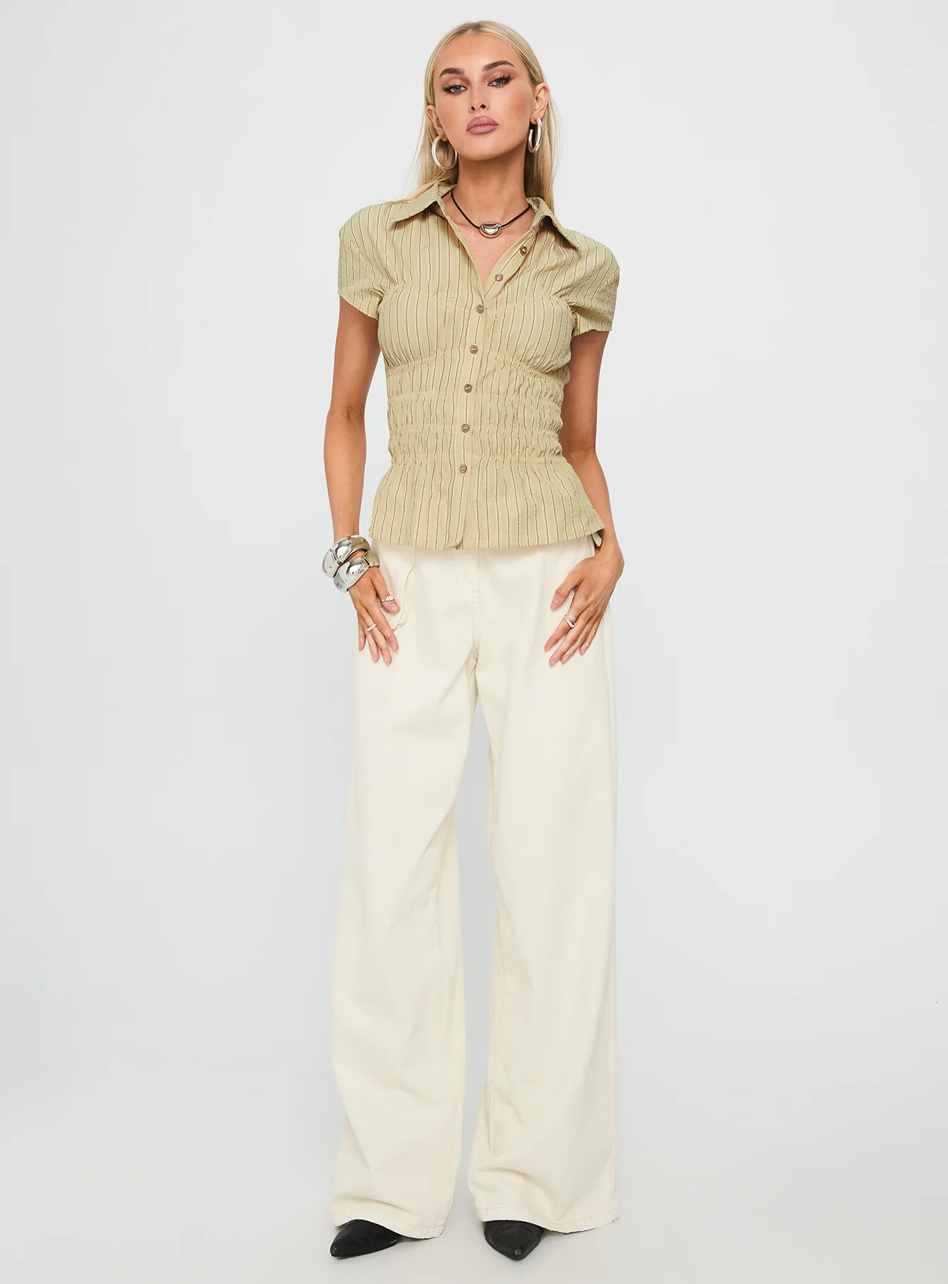 Liesel Shirred Short Sleeve Top Butter Stripe - Image 3