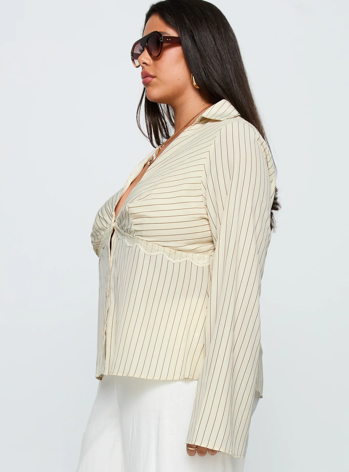 Life Begins Long Sleeve Lace Trim Top Cream Stripe Curve - Image 4