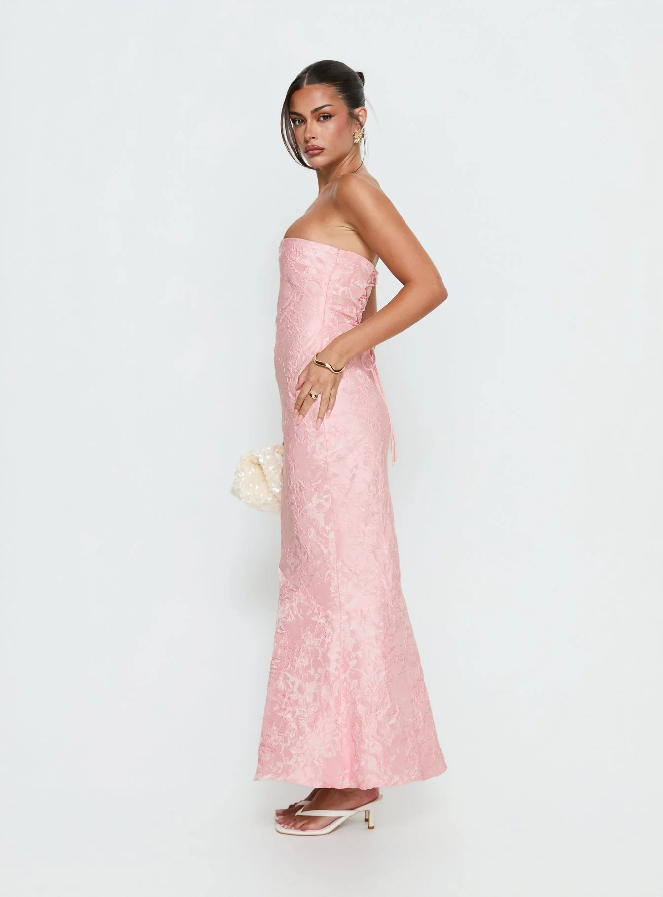 Lips Are Sealed Strapless Lace-Up Back Maxi Dress Pink - Image 4