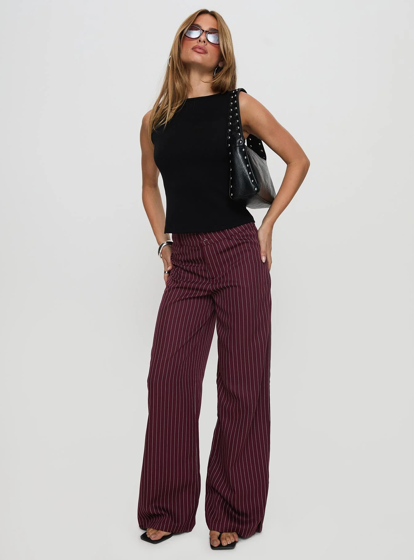 Lorenne Mid Rise Pant Burgundy Pinstripe - Image 3