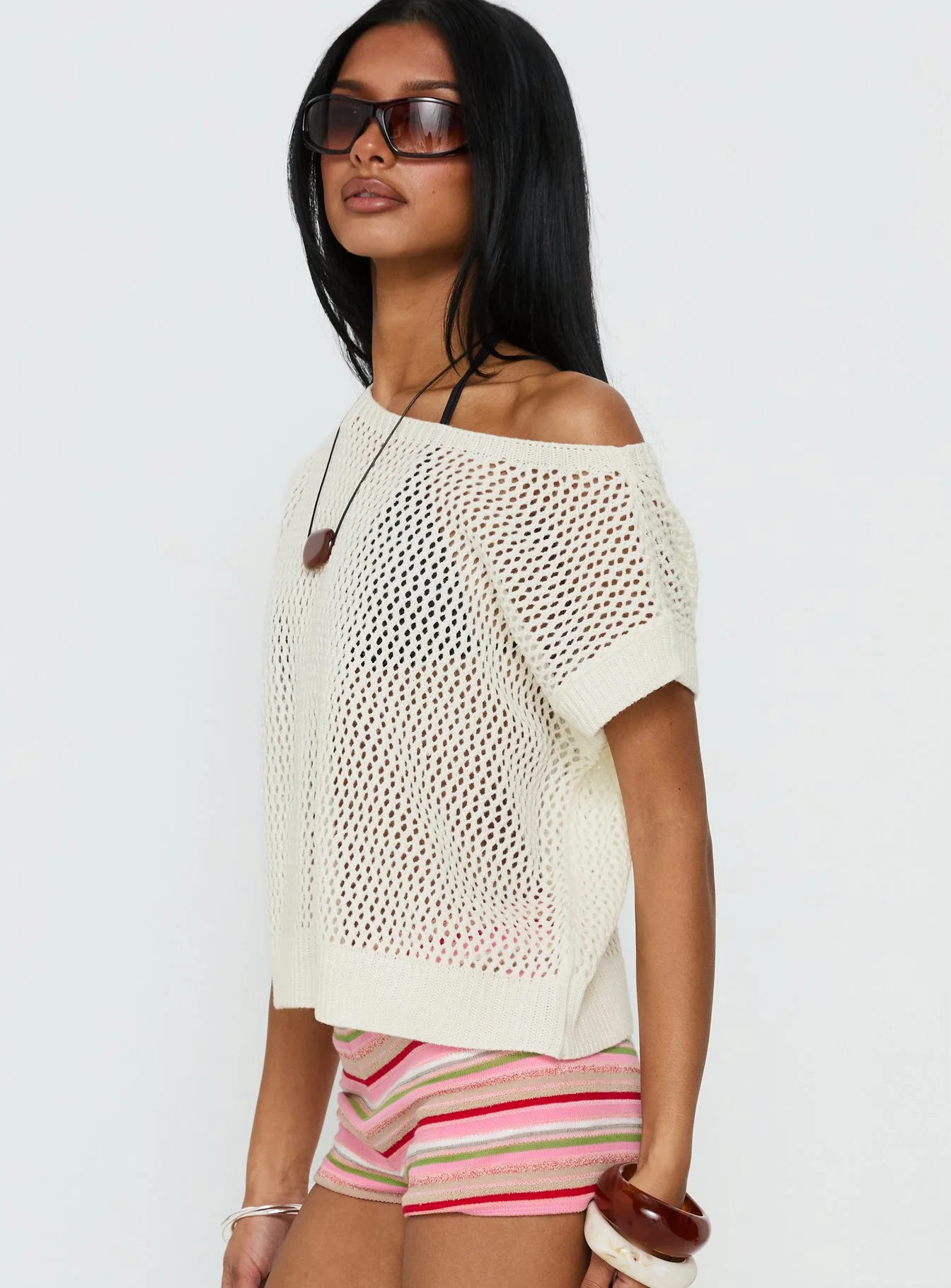 Lorenzina Sheer Crochet Off Shoulder Top Cream - Image 4