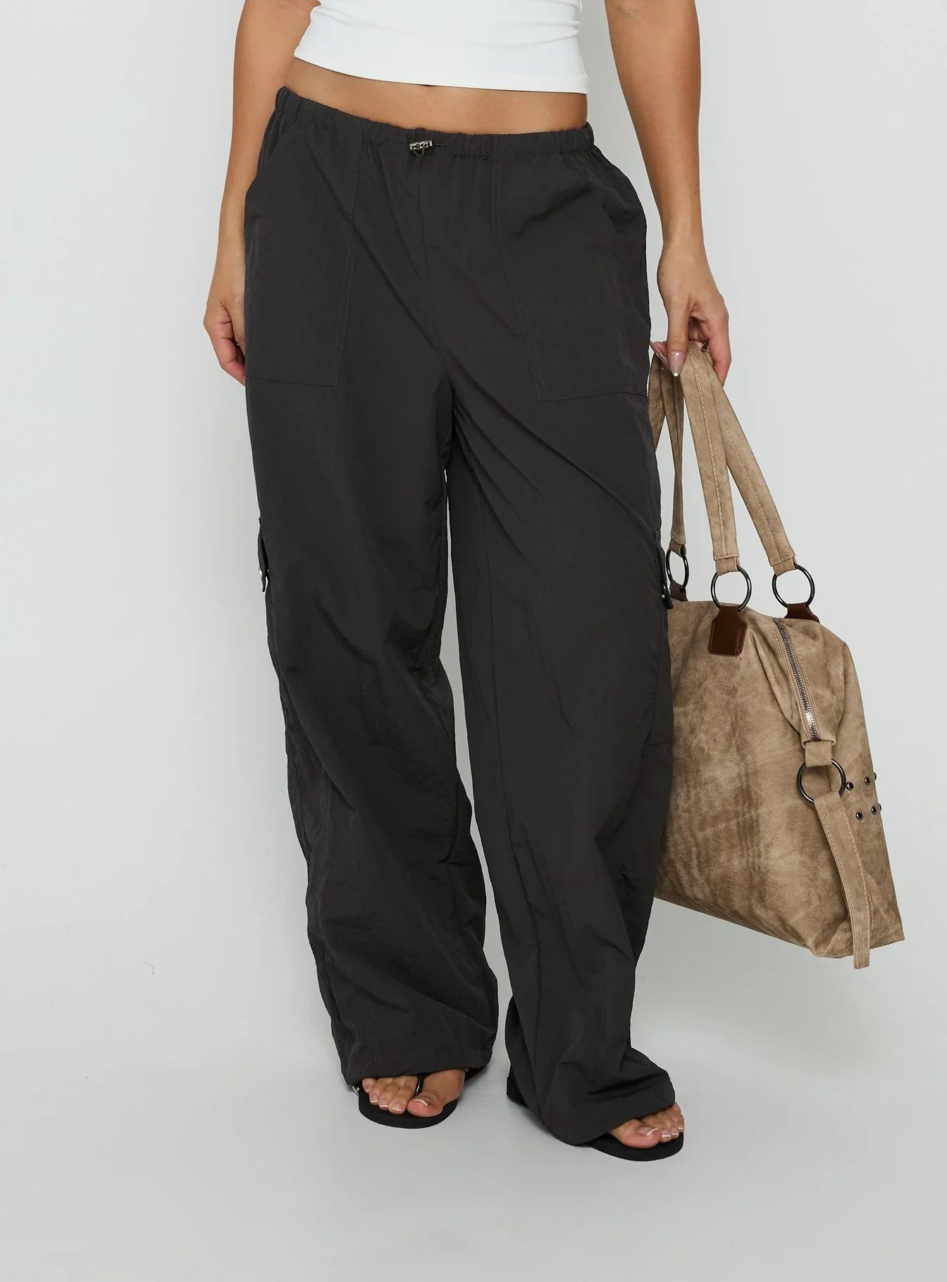 Lost On You Parachute Cargo Pants Charcoal - Image 2