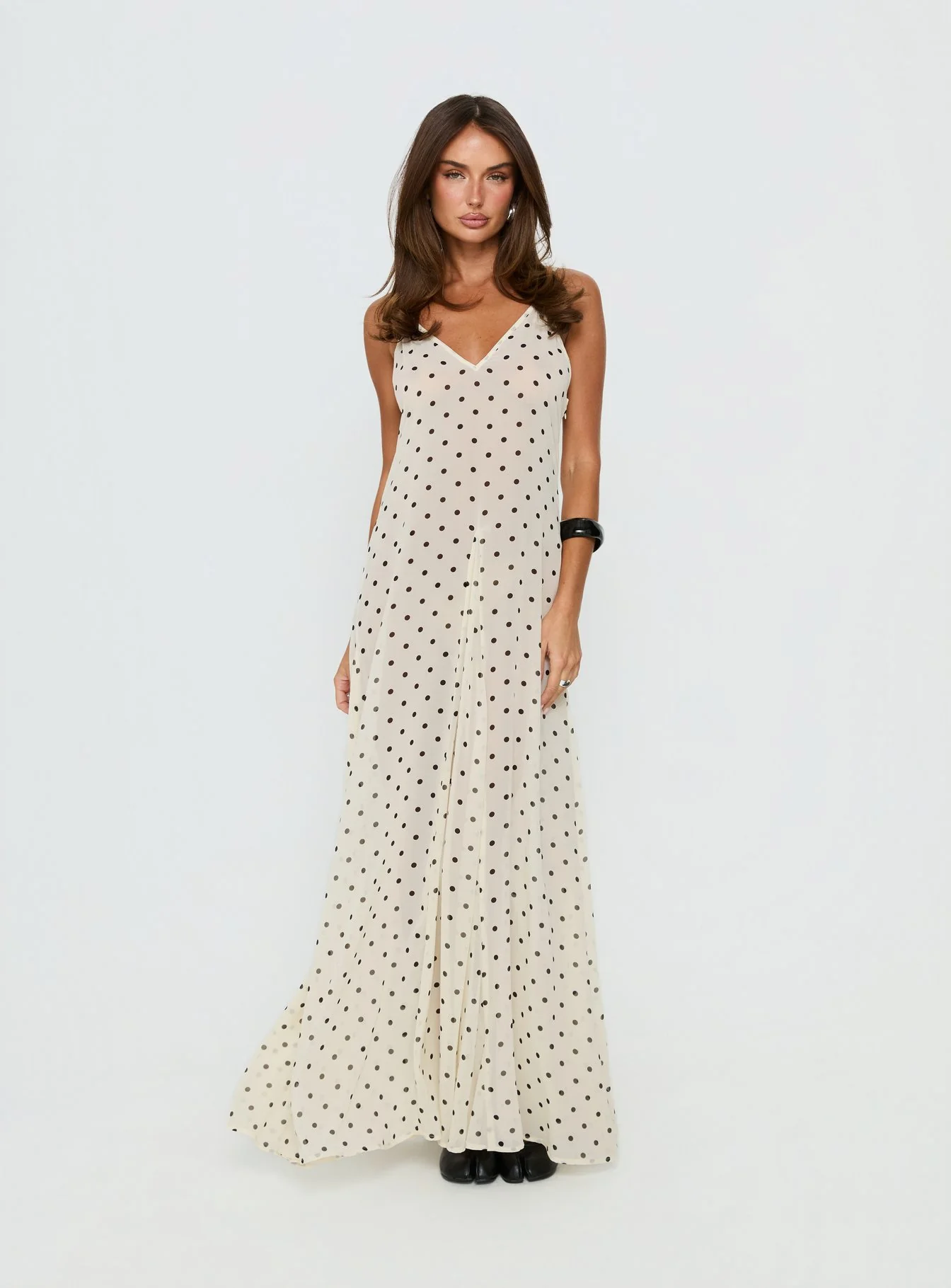 Loulah Sheer Chiffon Maxi Dress Cream Polka Dot - Image 2