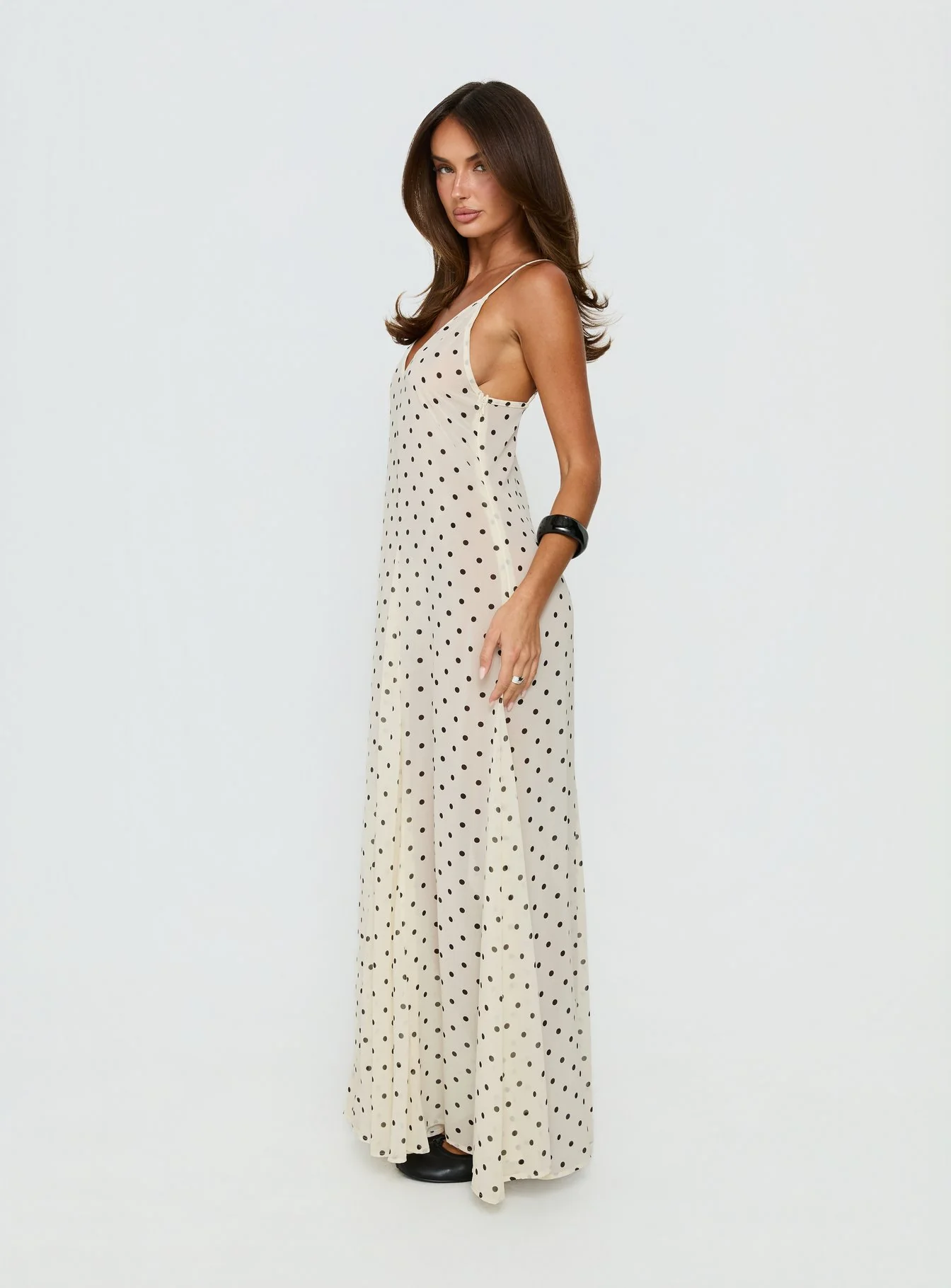 Loulah Sheer Chiffon Maxi Dress Cream Polka Dot - Image 4