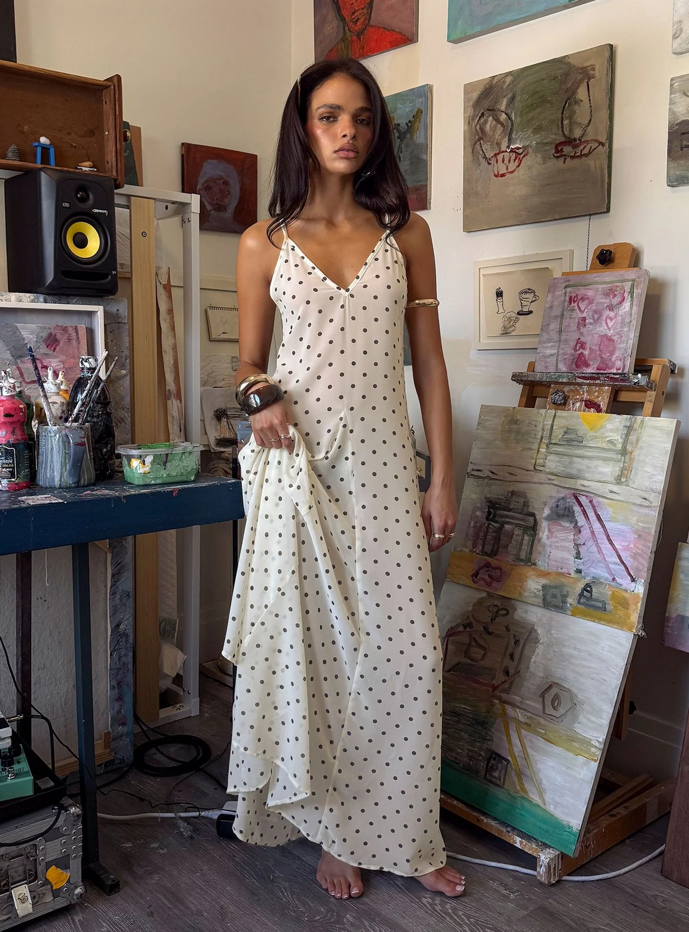 Loulah Sheer Chiffon Maxi Dress Cream Polka Dot - Image 9