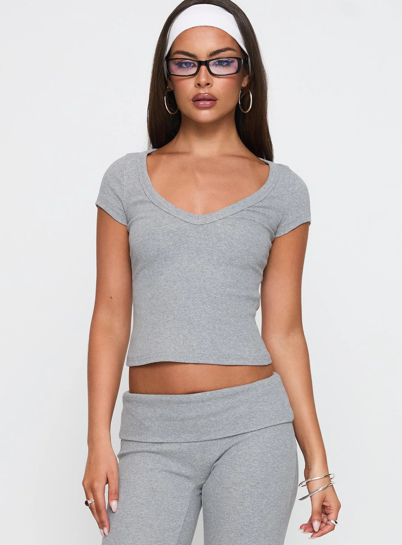 Lovely Day V Neck Top Grey Marle - Image 2