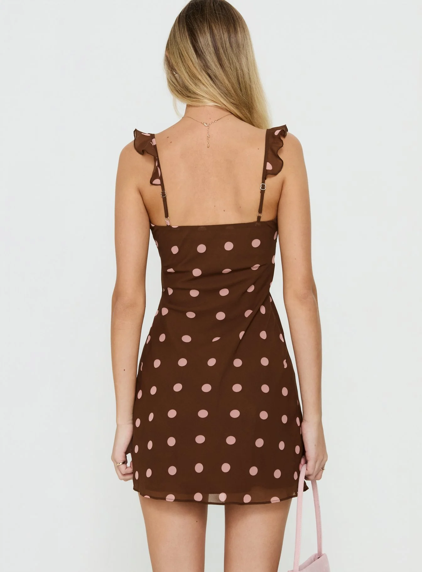 Lozie Frill V Neck Mini Dress Brown Polka Dot - Image 5