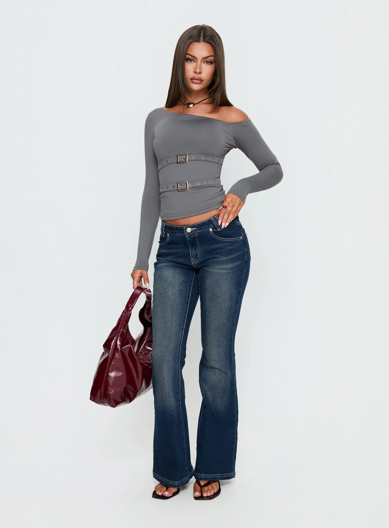 Luisana Buckle Detail One Shoulder Top Dark Grey - Image 3