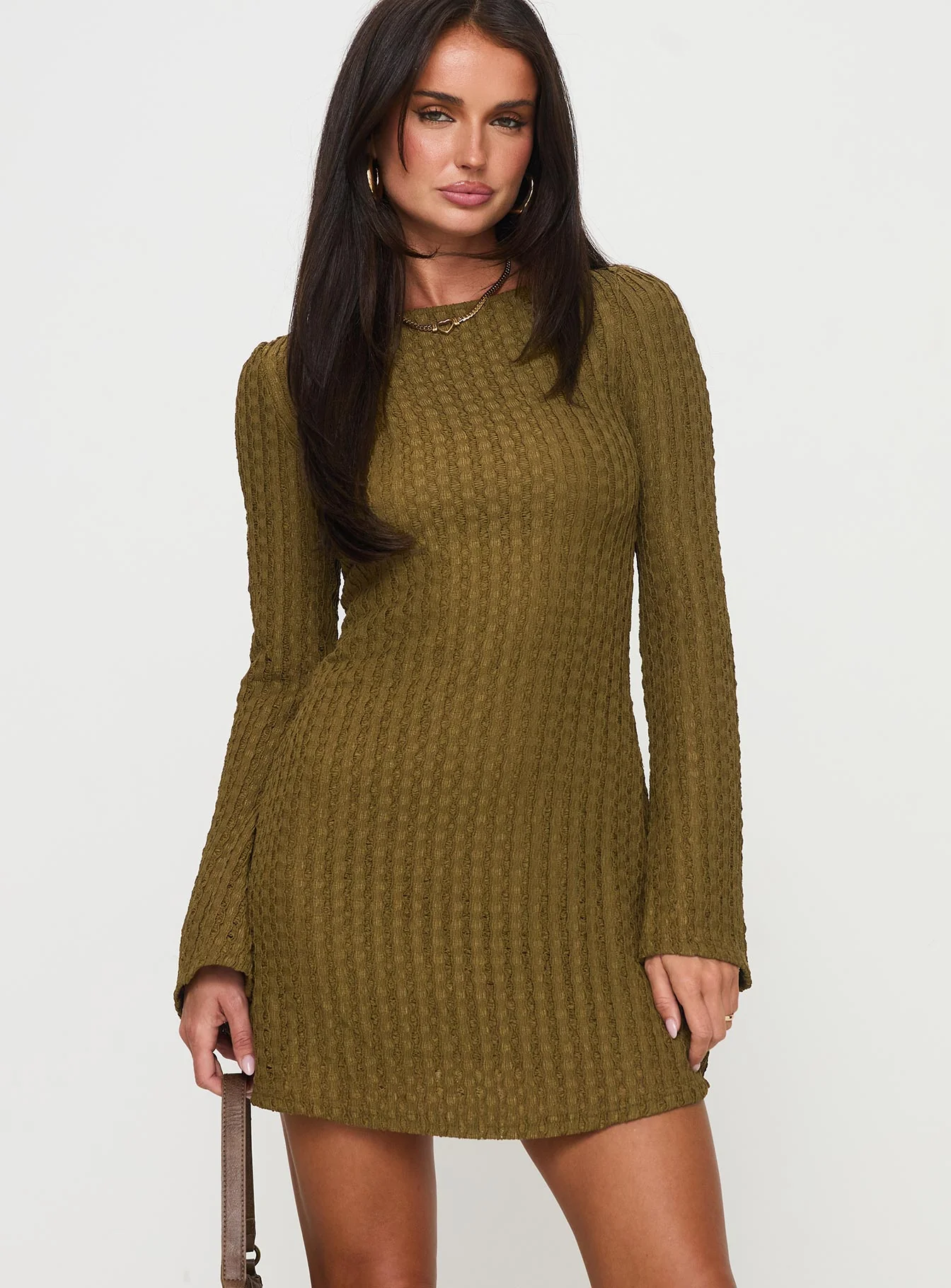 Lukea Long Sleeve Ribbed Mini Dress Olive - Image 2