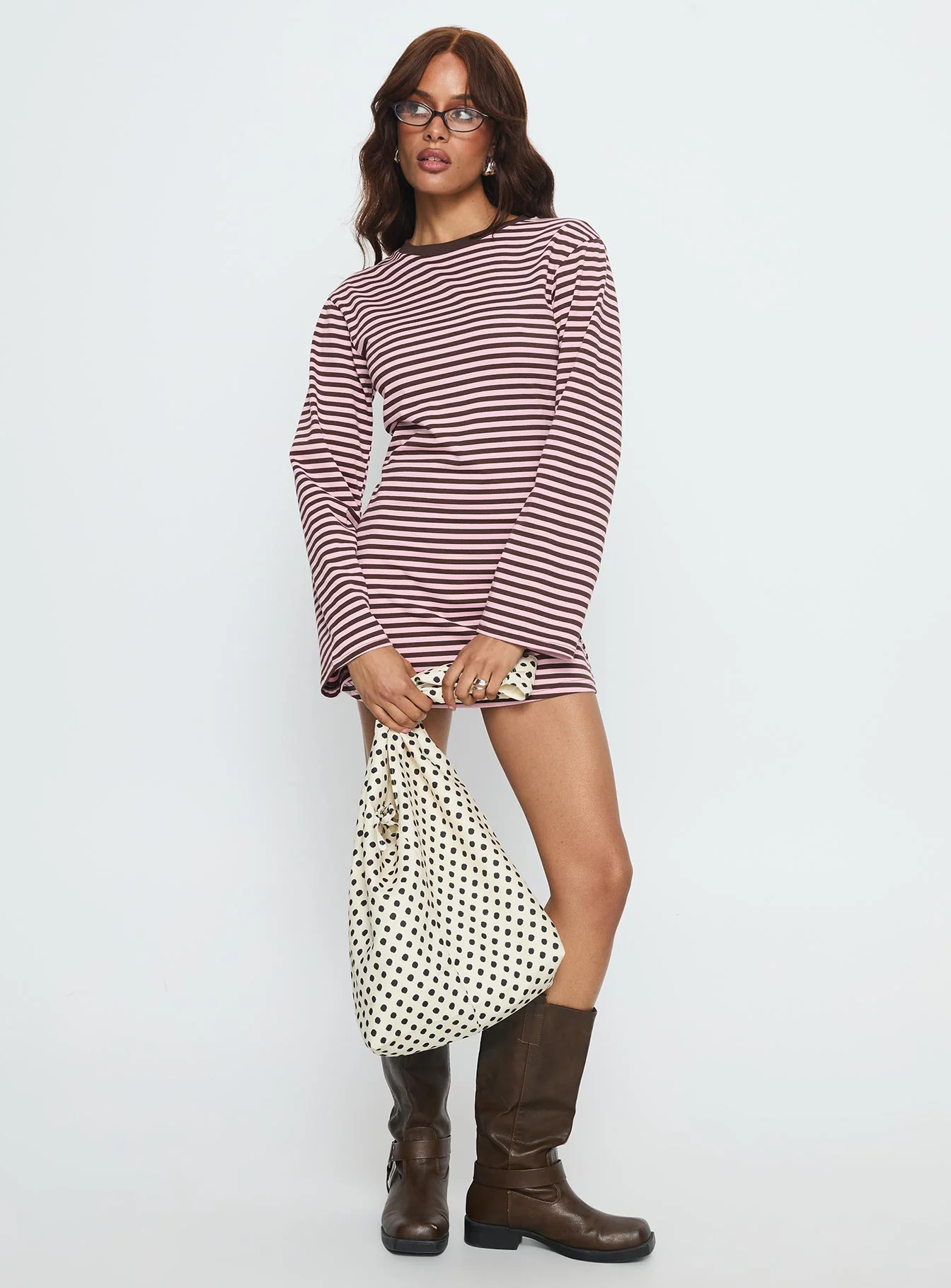 Lulolah Long Sleeve Mini Dress Chocolate / Pink Stripe - Image 2
