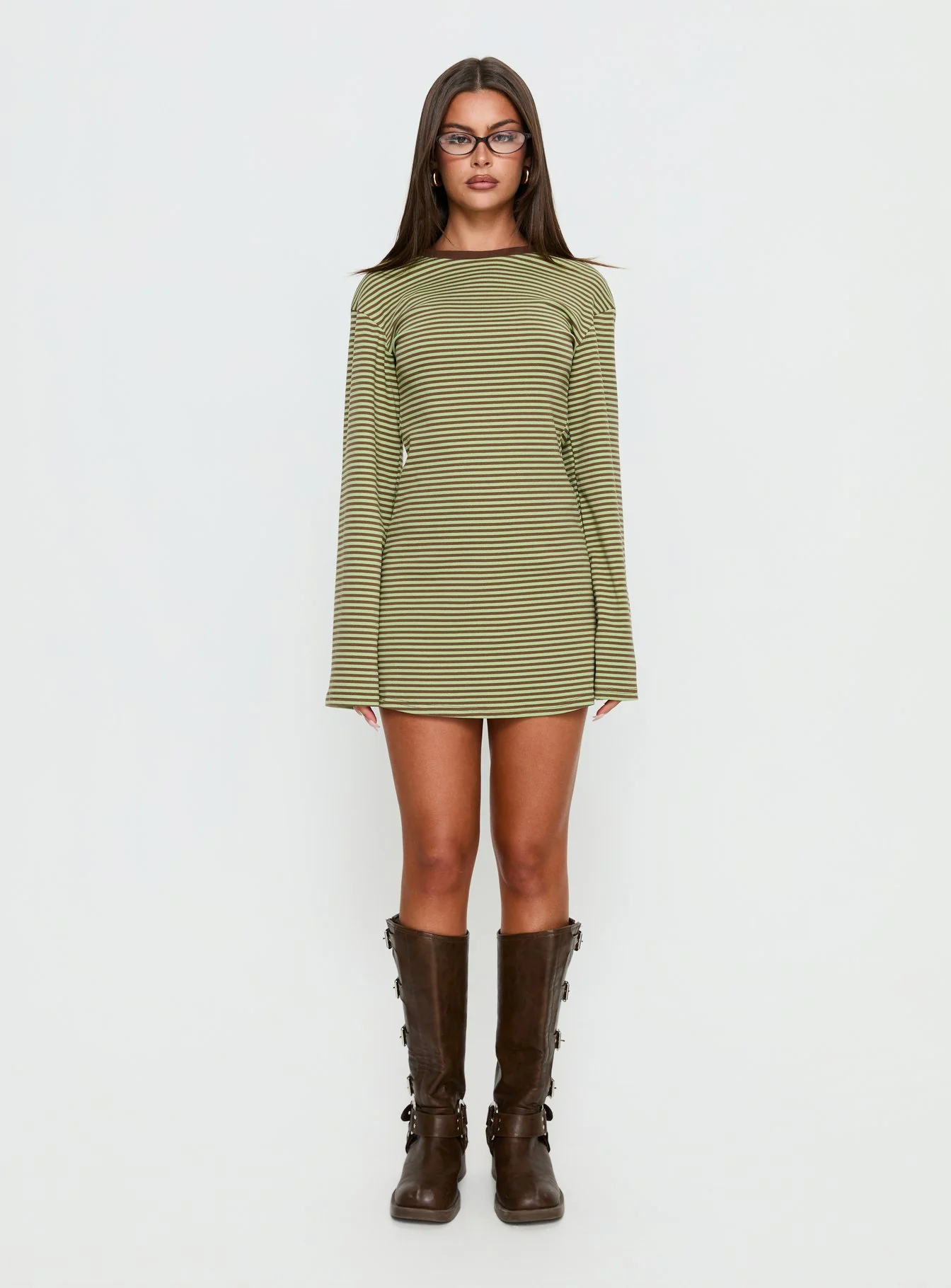 Lulolah Long Sleeve Mini Dress Green / Chocolate Stripe - Image 7