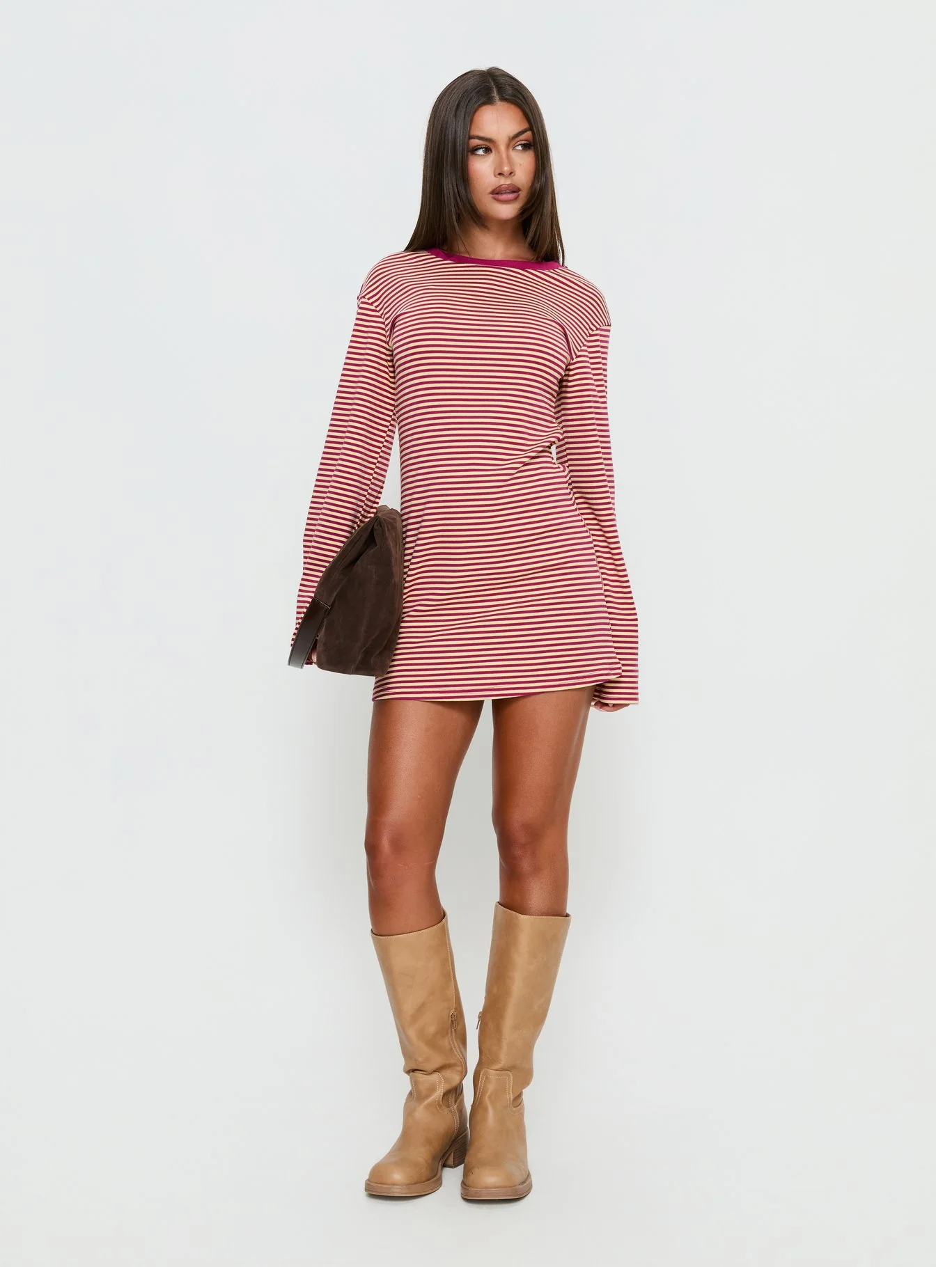 Lulolah Long Sleeve Mini Dress Lemon / Burgundy Stripe - Image 3