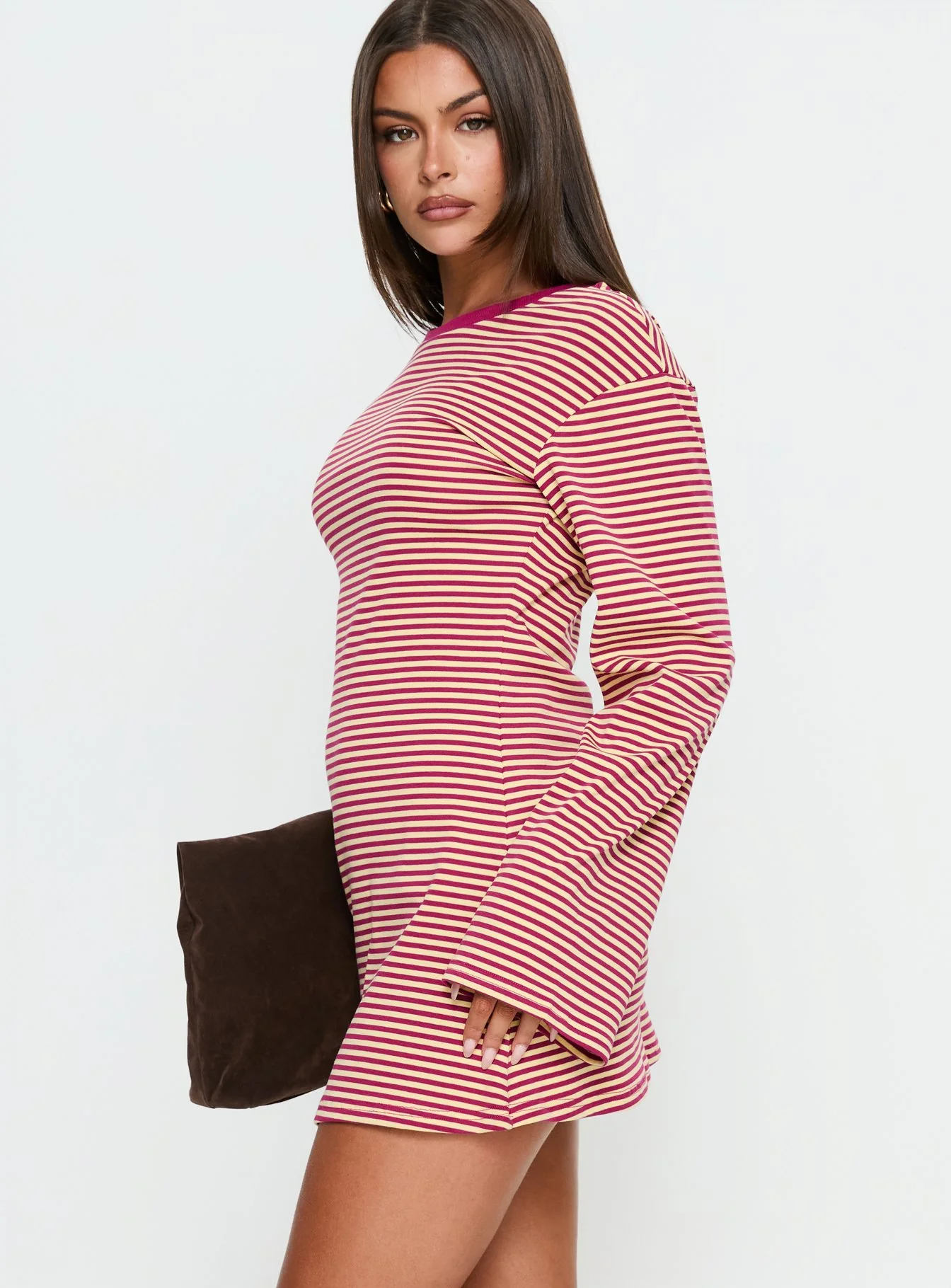 Lulolah Long Sleeve Mini Dress Lemon / Burgundy Stripe - Image 4