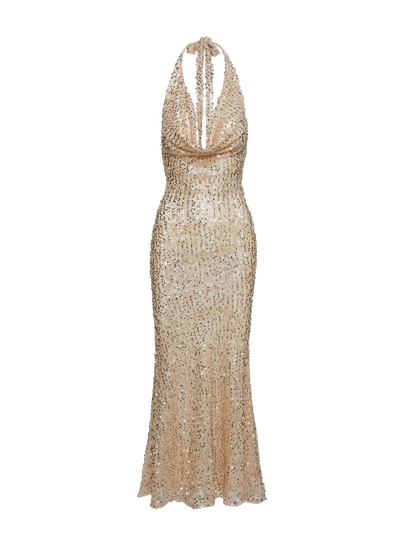 Luxurious Cowl Neck Sequin Maxi Dress Champagne - Image 5
