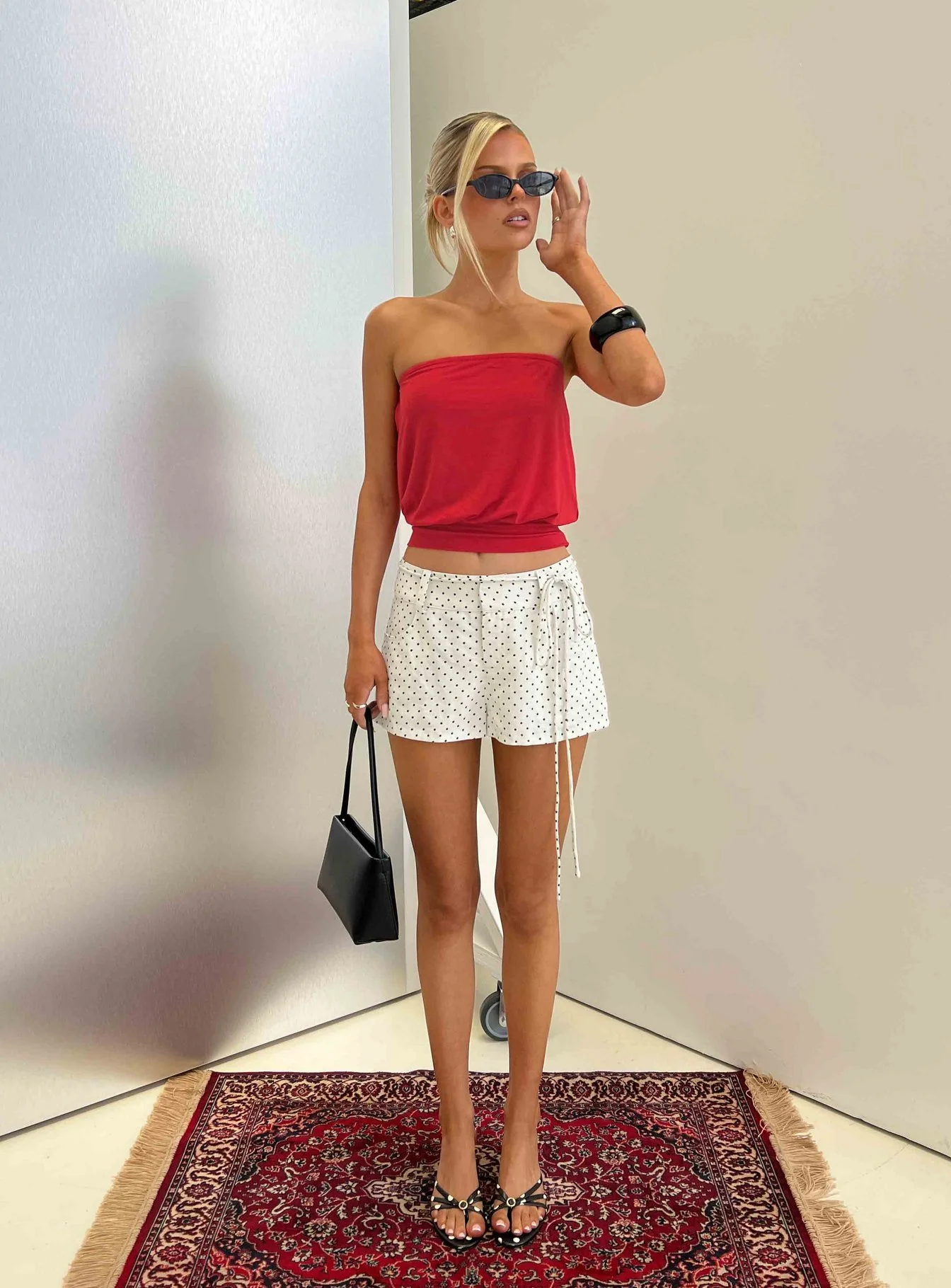 Lylie Linen Blend Tie Side Micro Shorts Cream Polka Dot