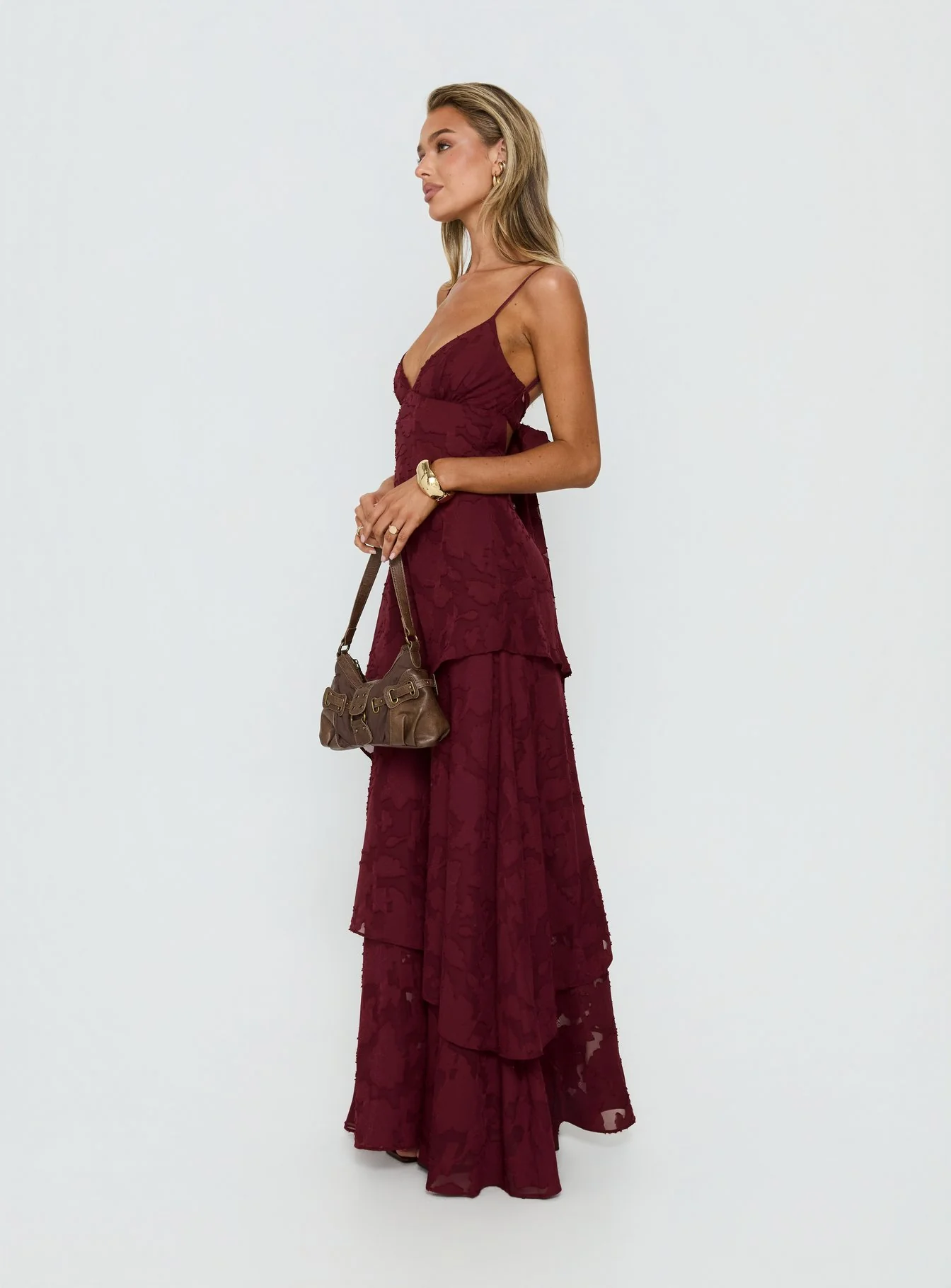 Lyricah Tiered Tie Back Maxi Dress Burgundy - Image 4