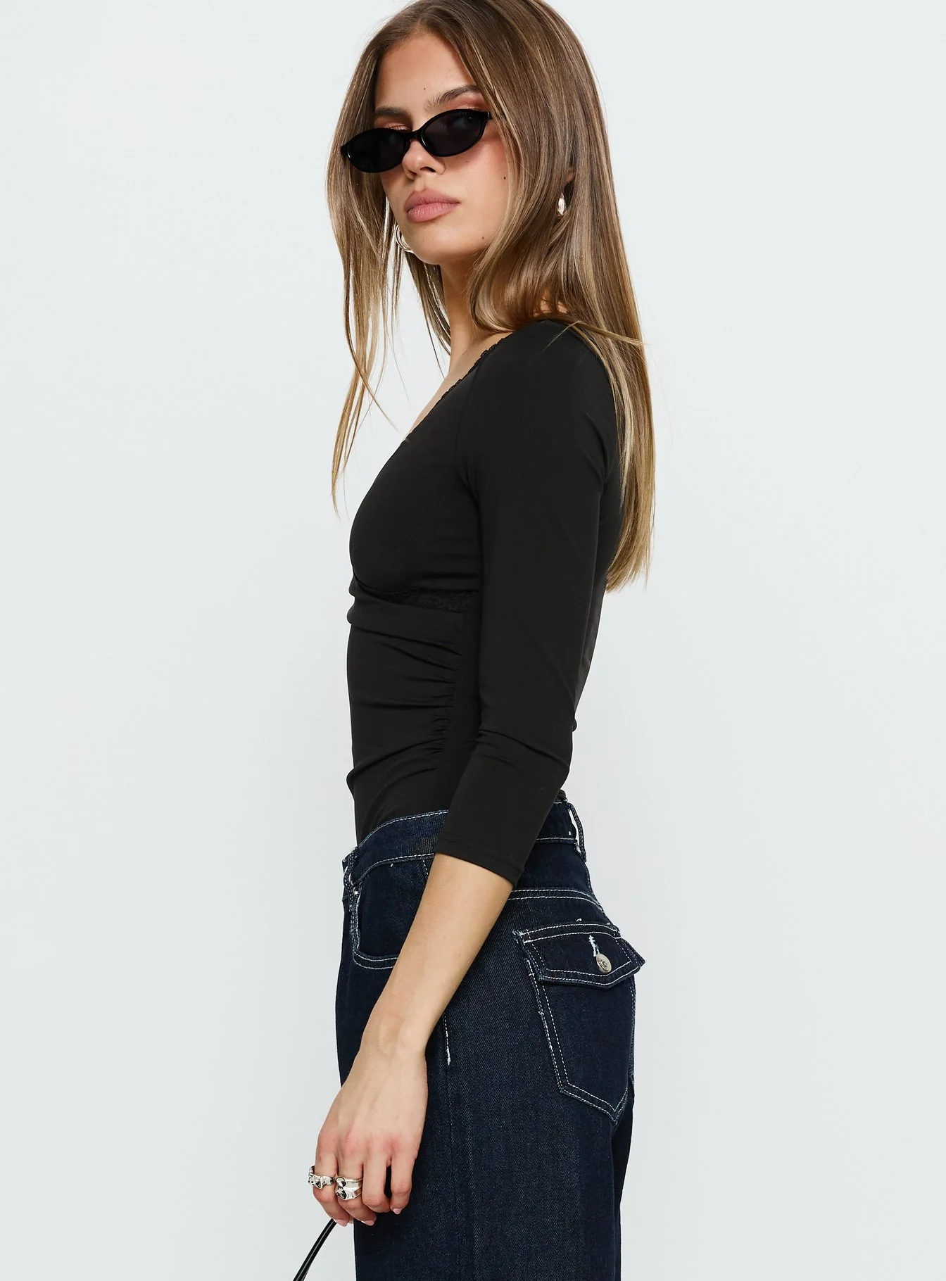 Lyselle Wrap Detail 3/4 Sleeve Bodysuit Black - Image 3