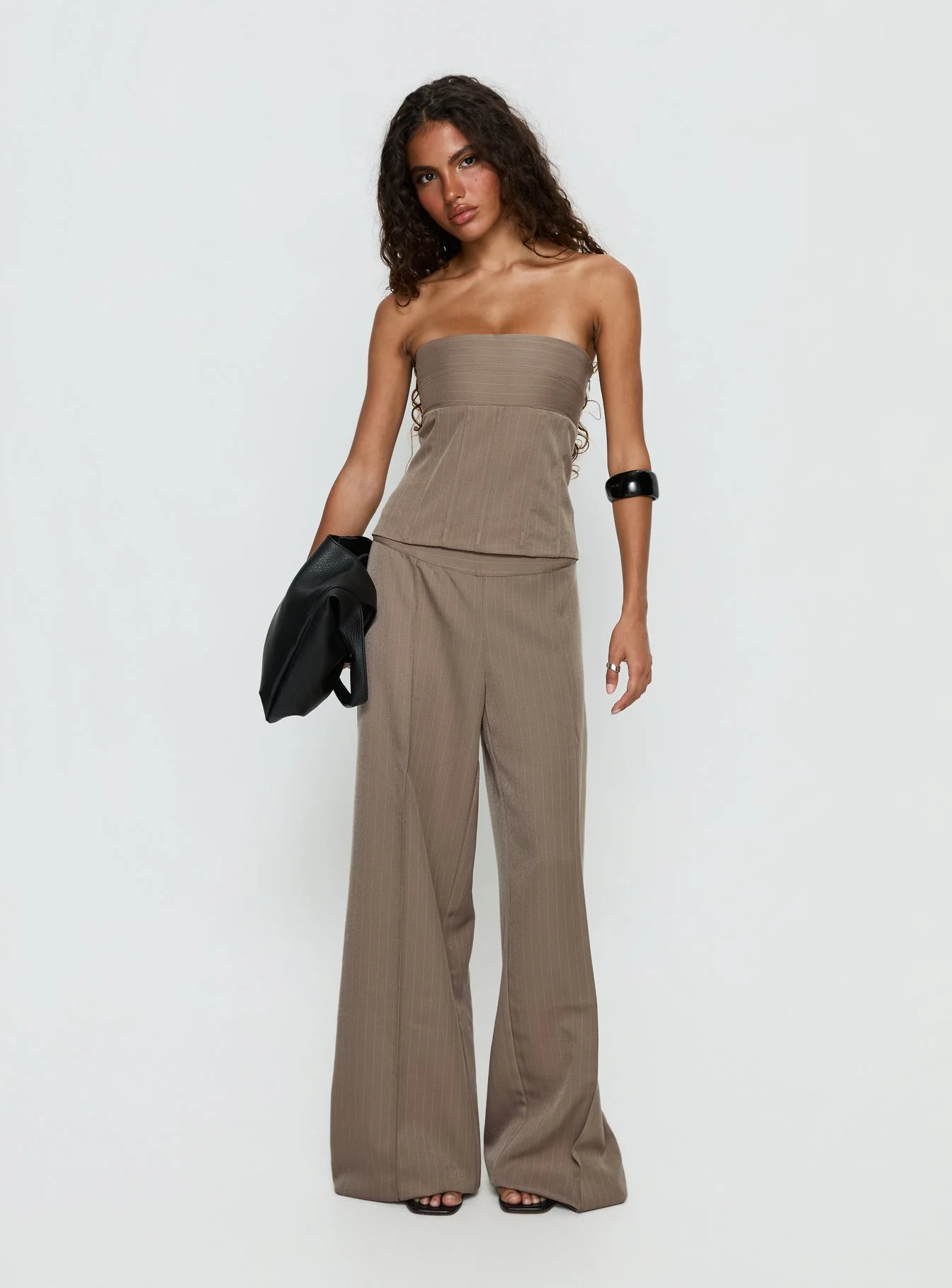 Madelle Mid Rise Straight Leg Pants Brown Pinstripe - Image 3