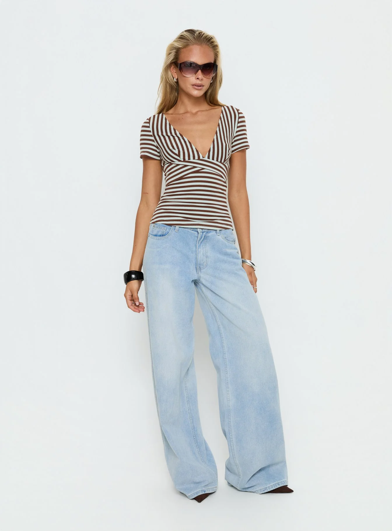 Madelon Short Sleeve Wrap Top Brown / Blue Stripe - Image 3