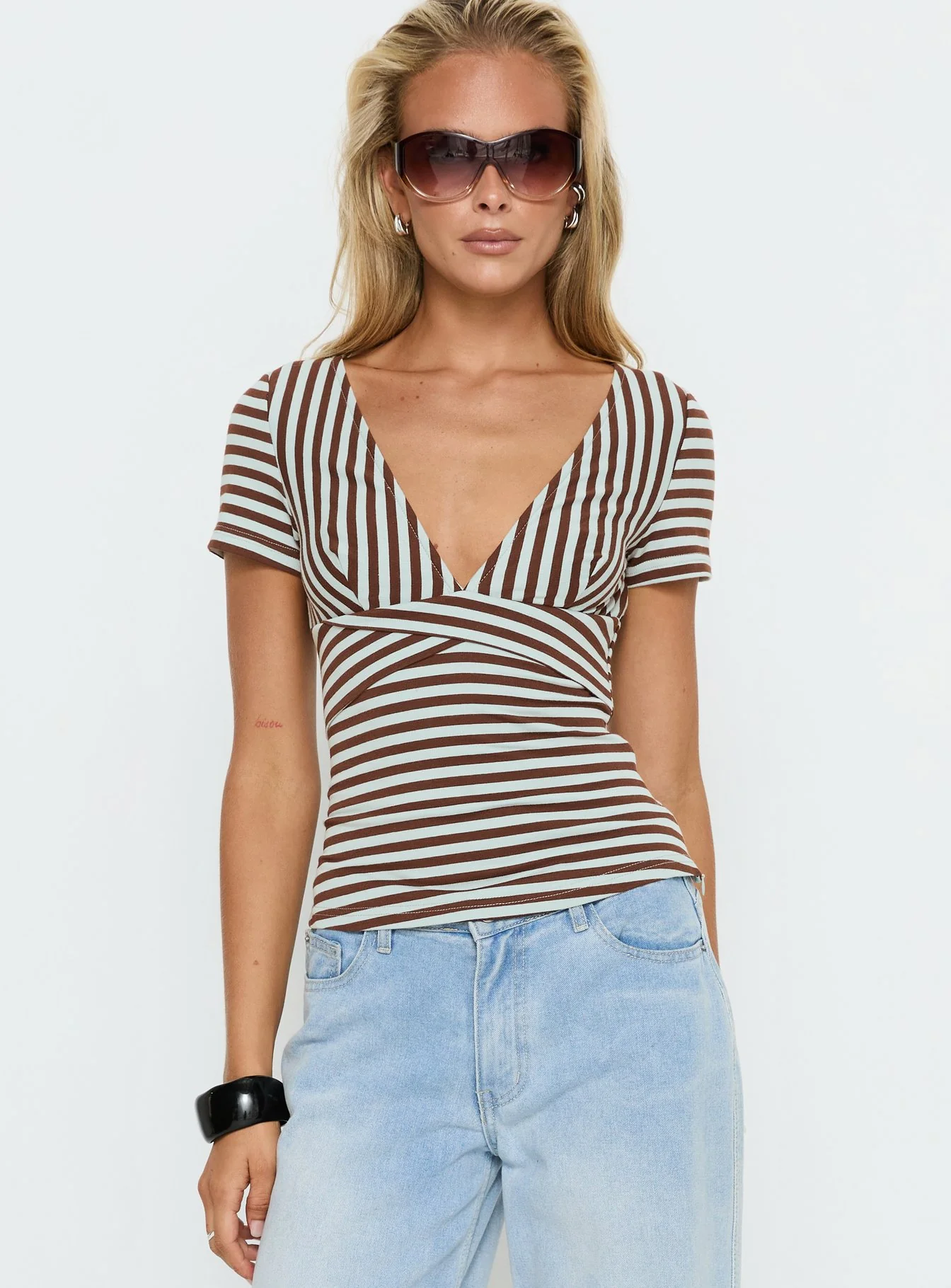 Madelon Short Sleeve Wrap Top Brown / Blue Stripe - Image 4