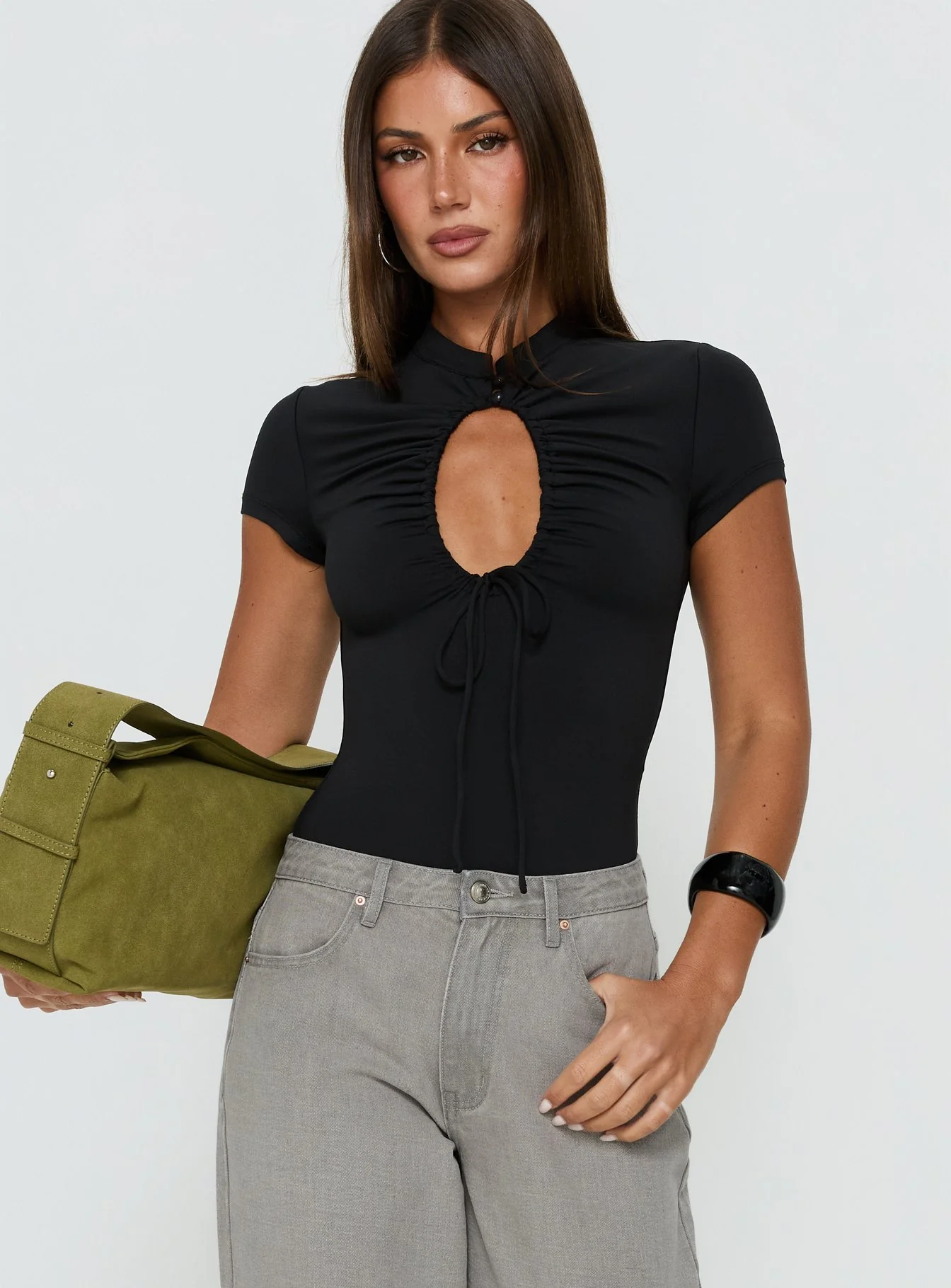 Maeci Ruched Tie Detail Bodysuit Black - Image 2
