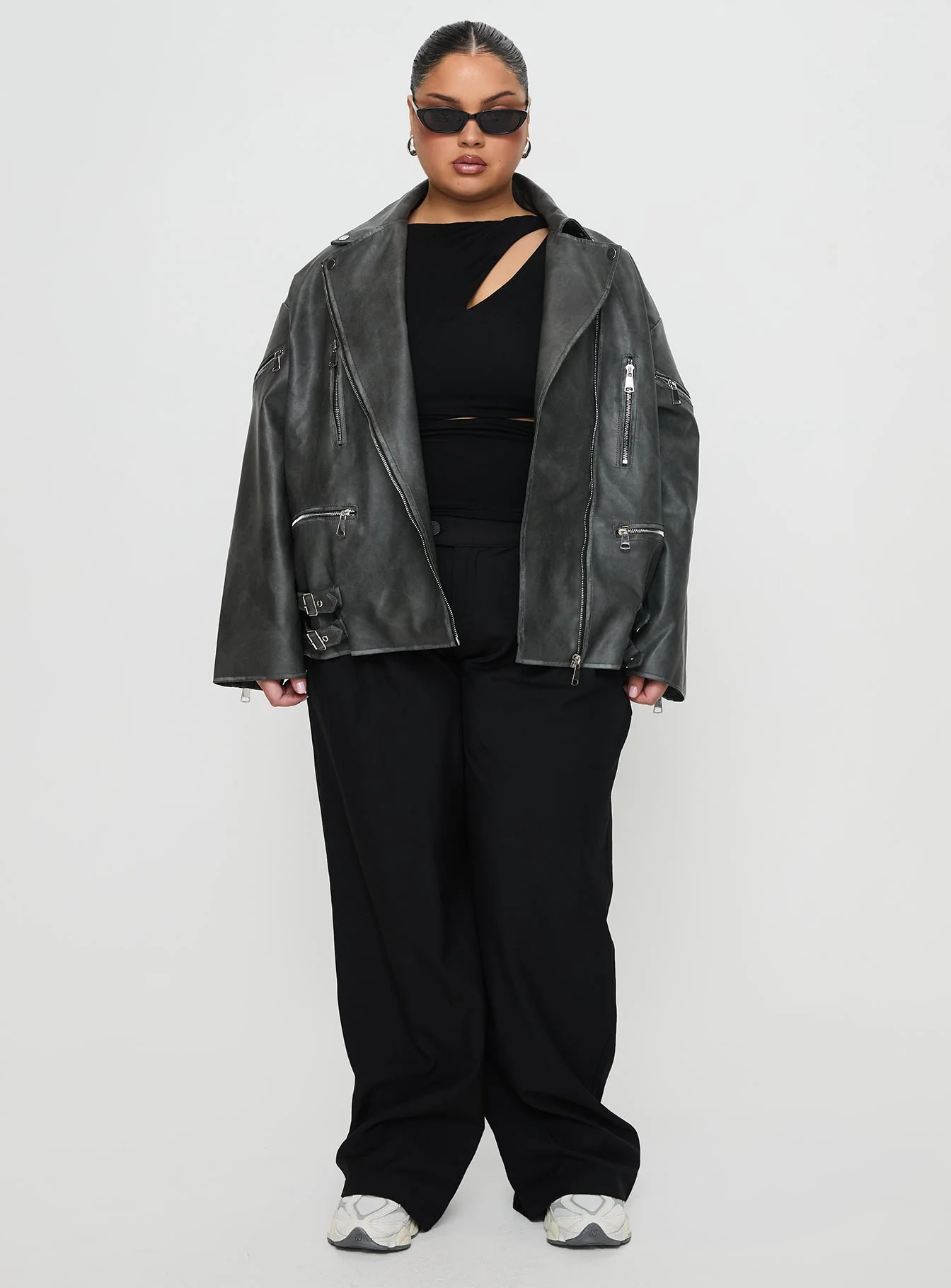 Magnets Faux Leather Jacket Washed Charcoal Curve - Image 7