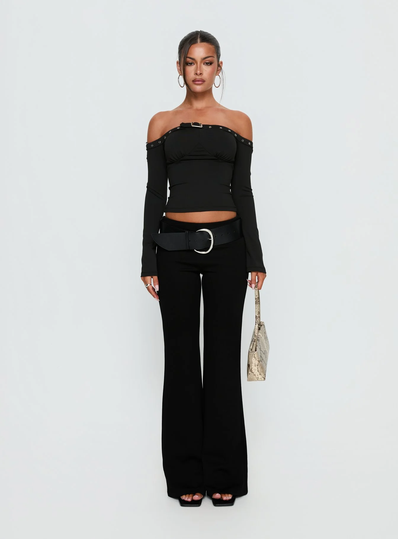Mansa Off Shoulder Buckle Detail Top Black - Image 7