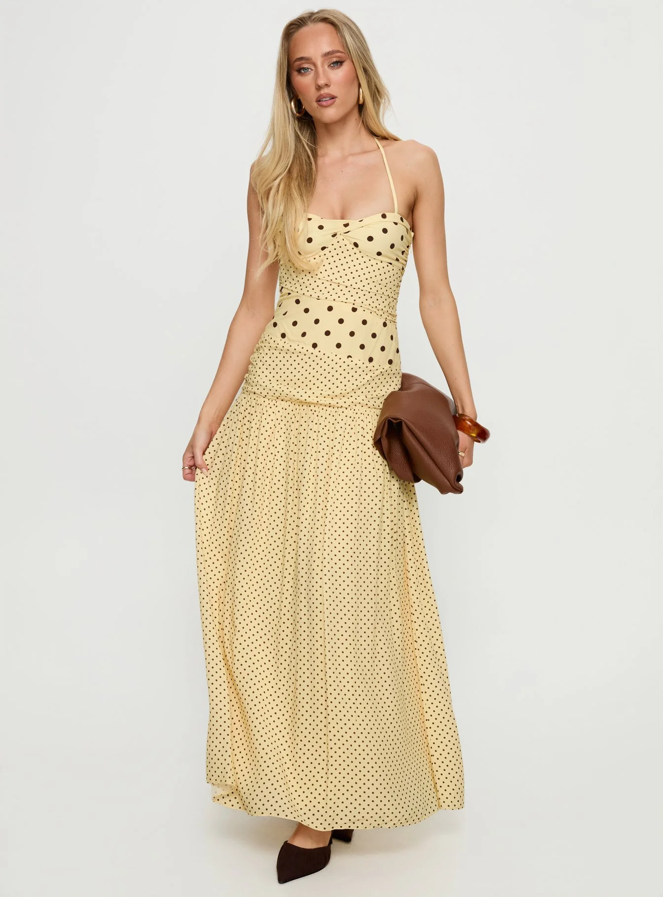 Marguerite Halter Maxi Dress Lemon / Brown Polka Dot - Image 2