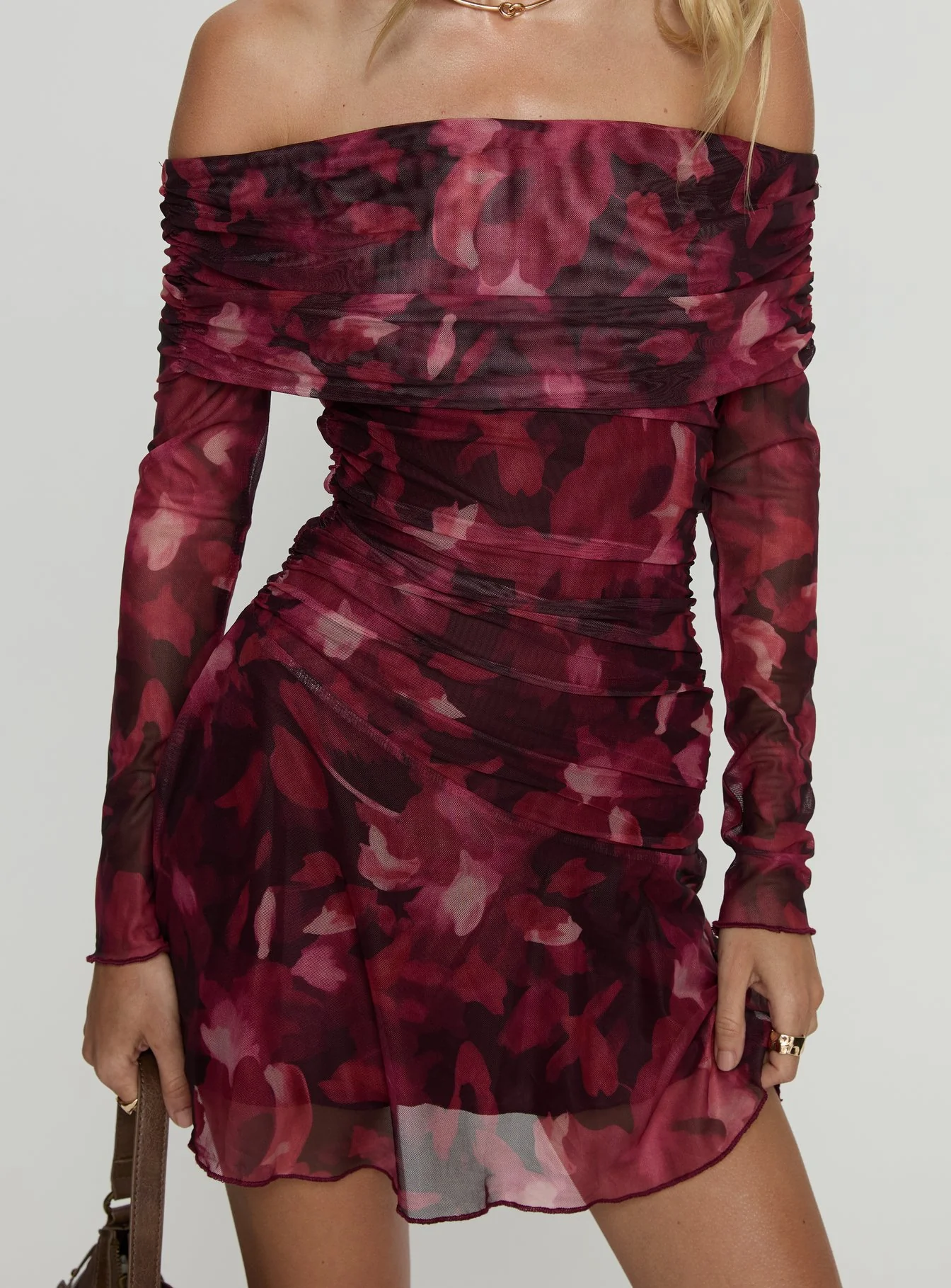 Marrissa Off Shoulder Long Sleeve Mini Dress Burgundy Floral - Image 5