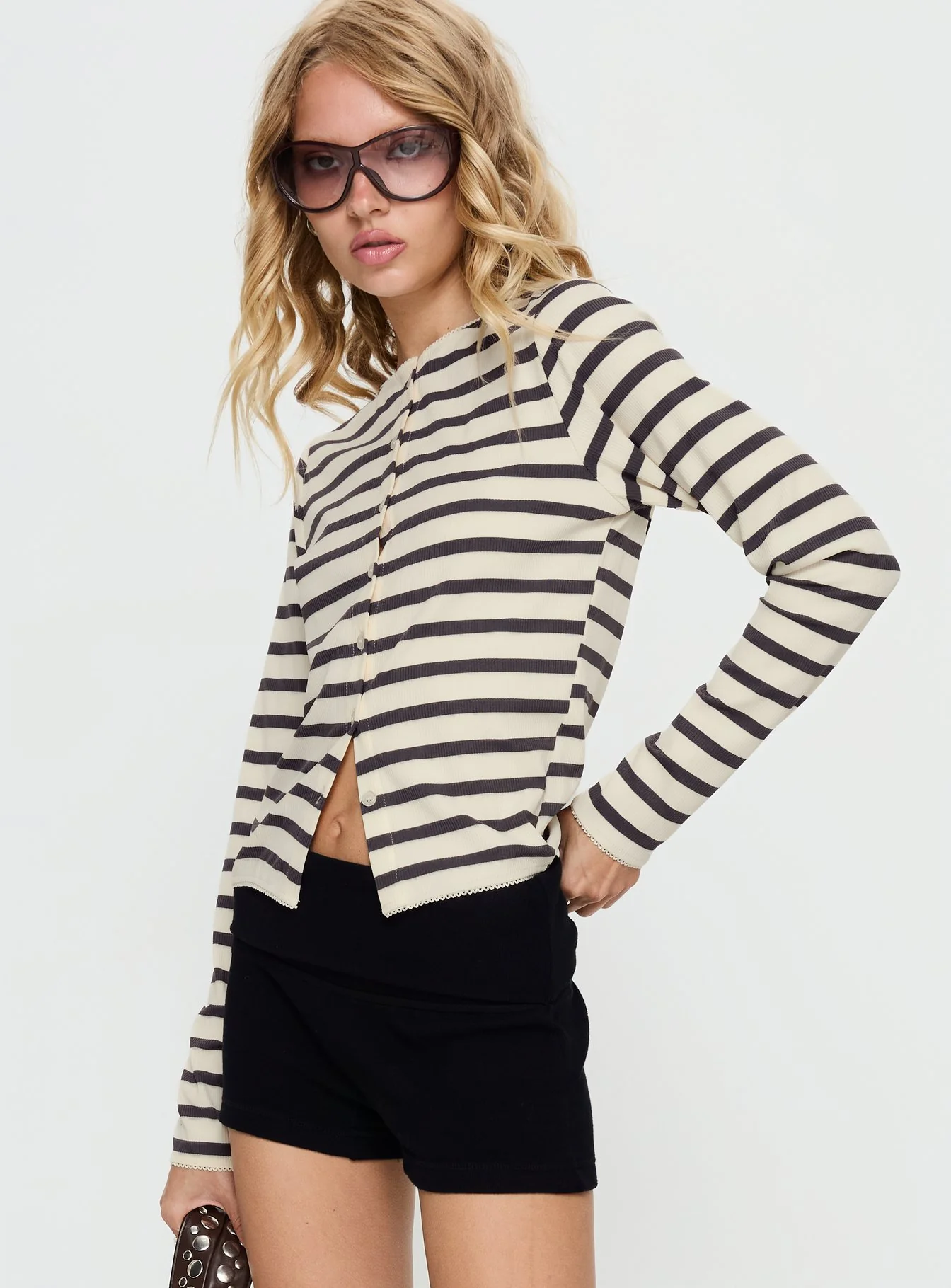 Marvella Button Up Long sleeve Top Dark Grey / Cream Stripe - Image 3