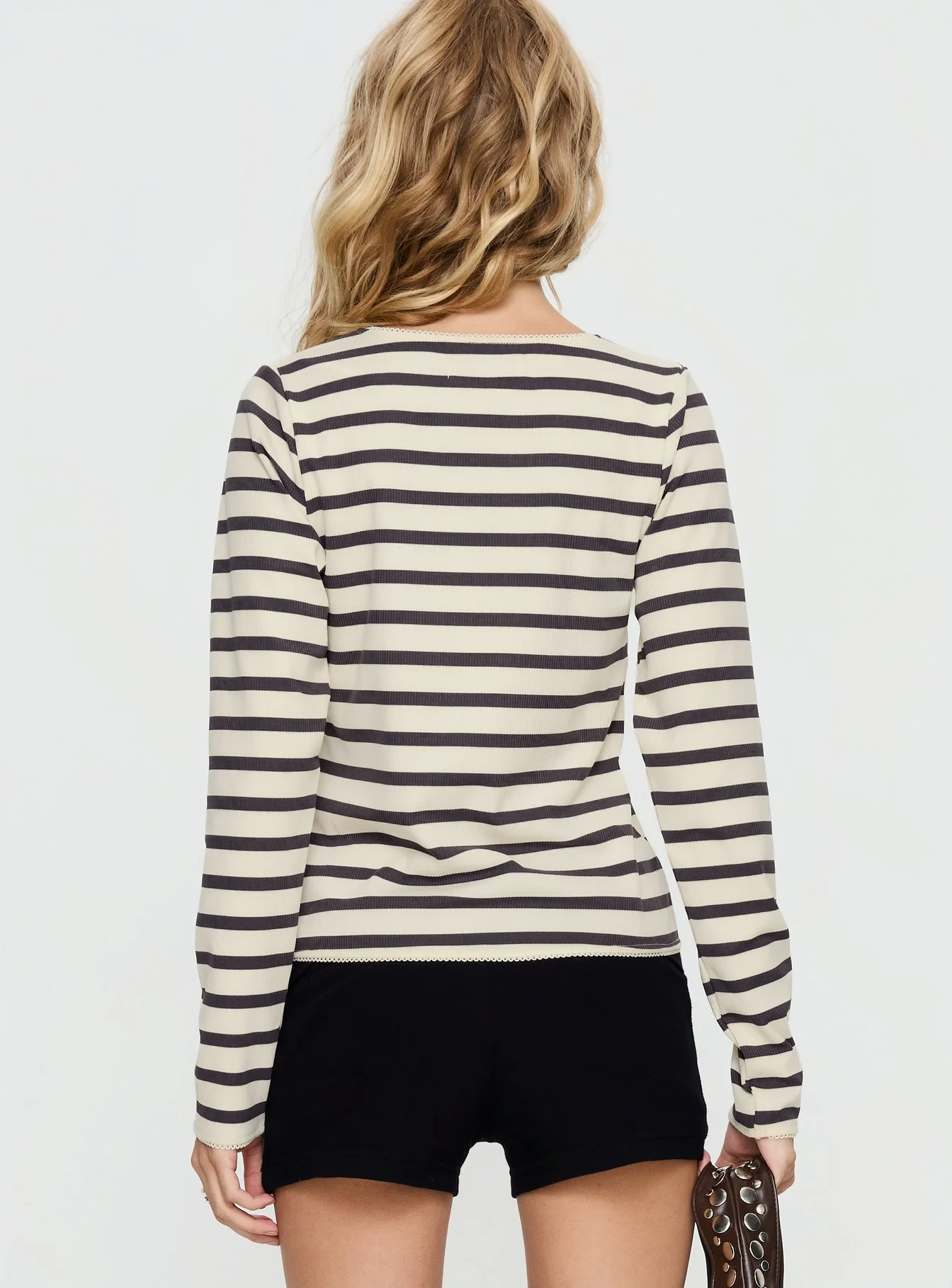 Marvella Button Up Long sleeve Top Dark Grey / Cream Stripe - Image 4