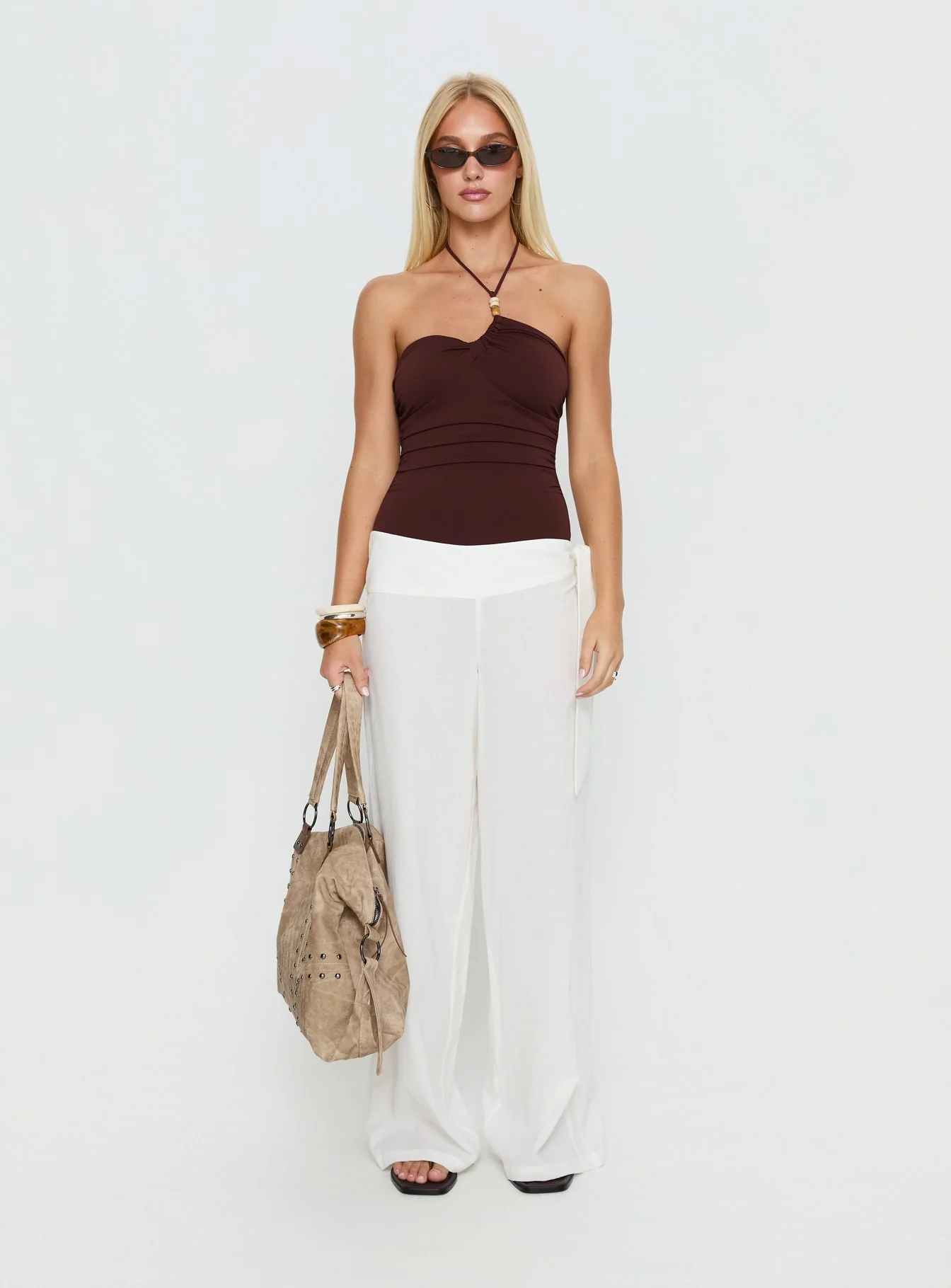 Meda Bead Detail Ruched Bodysuit Brown - Image 7