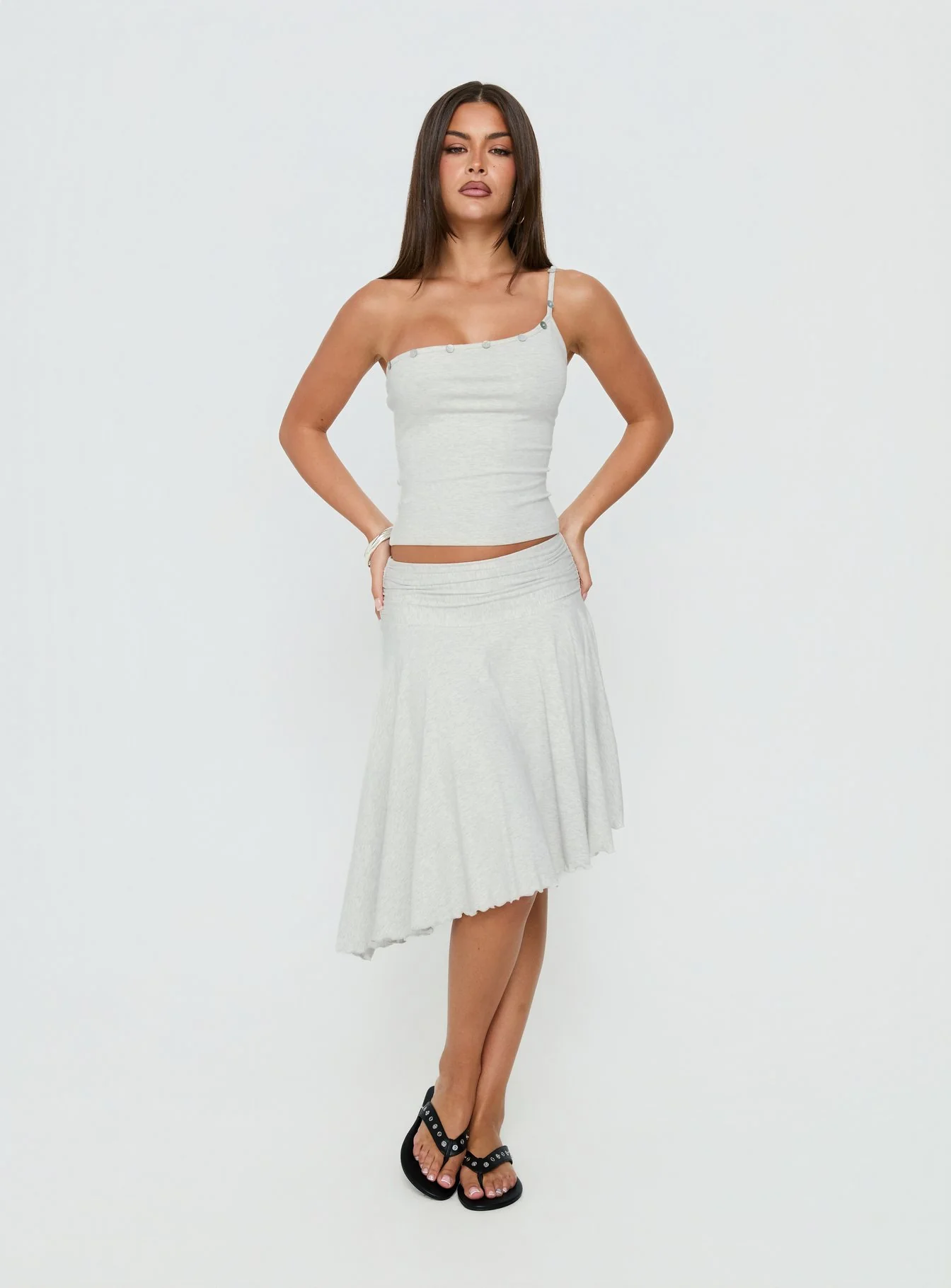 Mimmi One Shoulder Button Detail Top Grey - Image 3
