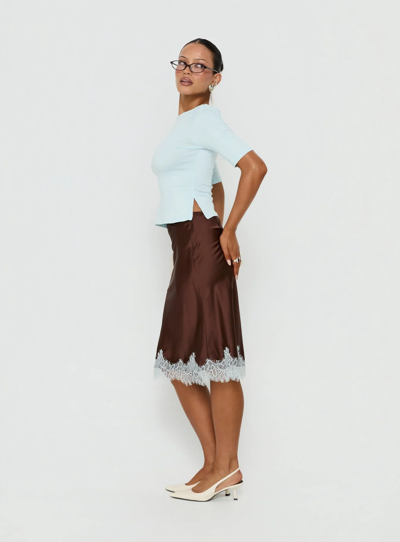 Miriza Lace Trim Midi Skirt Chocolate / Blue - Image 4