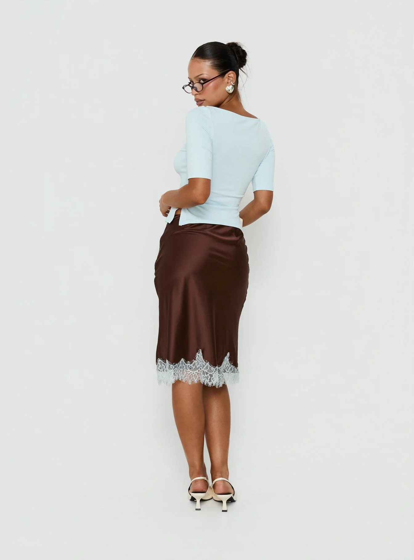 Miriza Lace Trim Midi Skirt Chocolate / Blue - Image 5