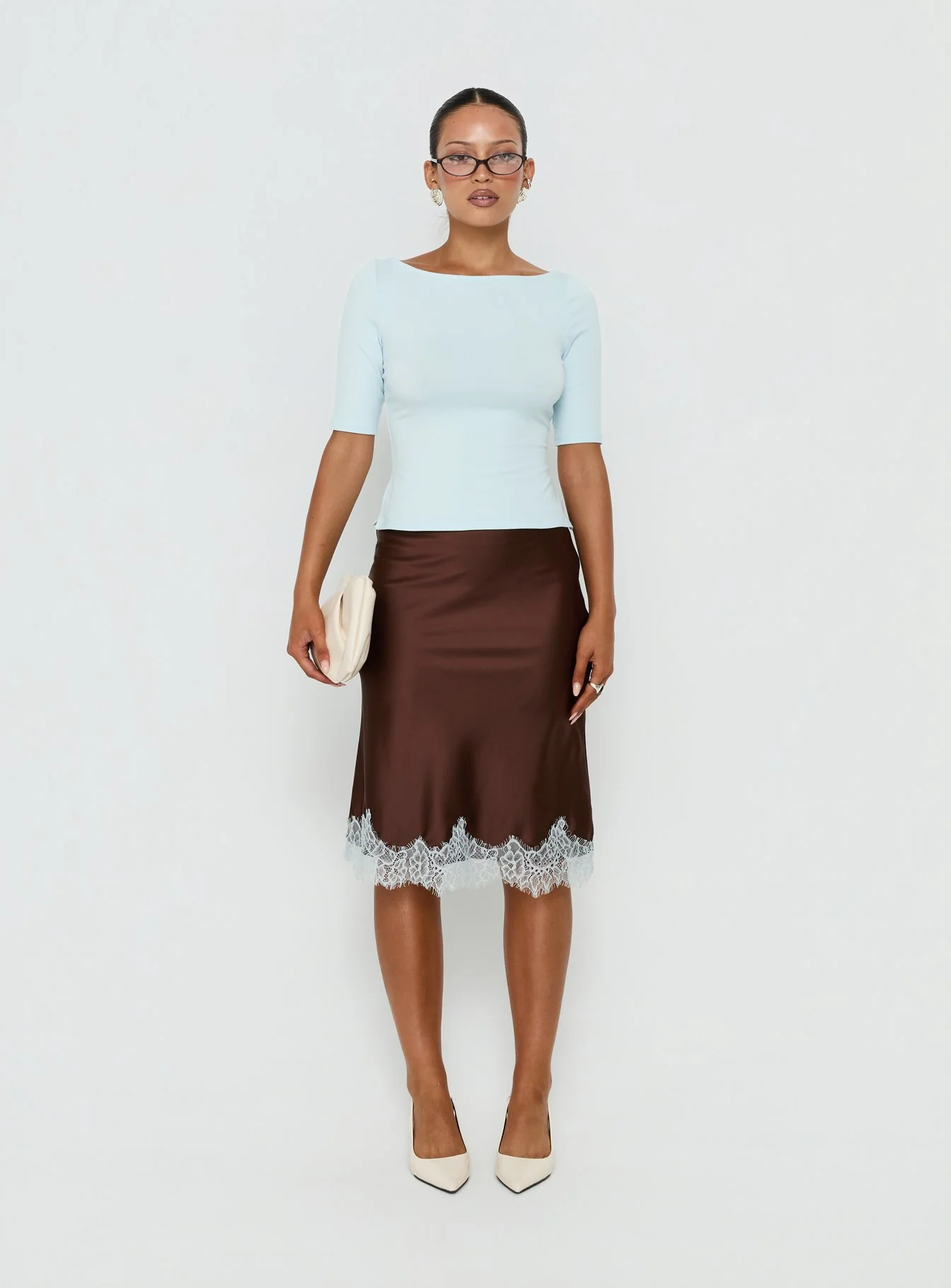 Miriza Lace Trim Midi Skirt Chocolate / Blue - Image 7