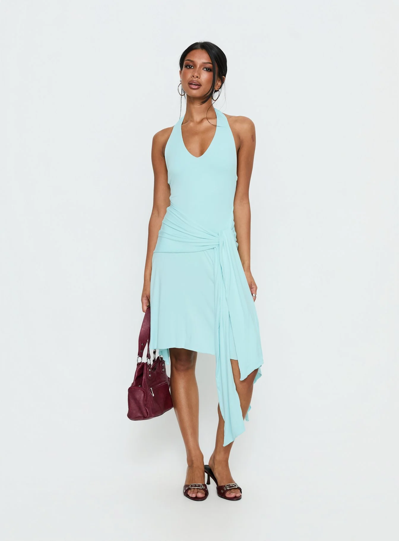 Moonlit Honey Asymmetrical Halter Jersey Midi Dress Turquoise - Image 3