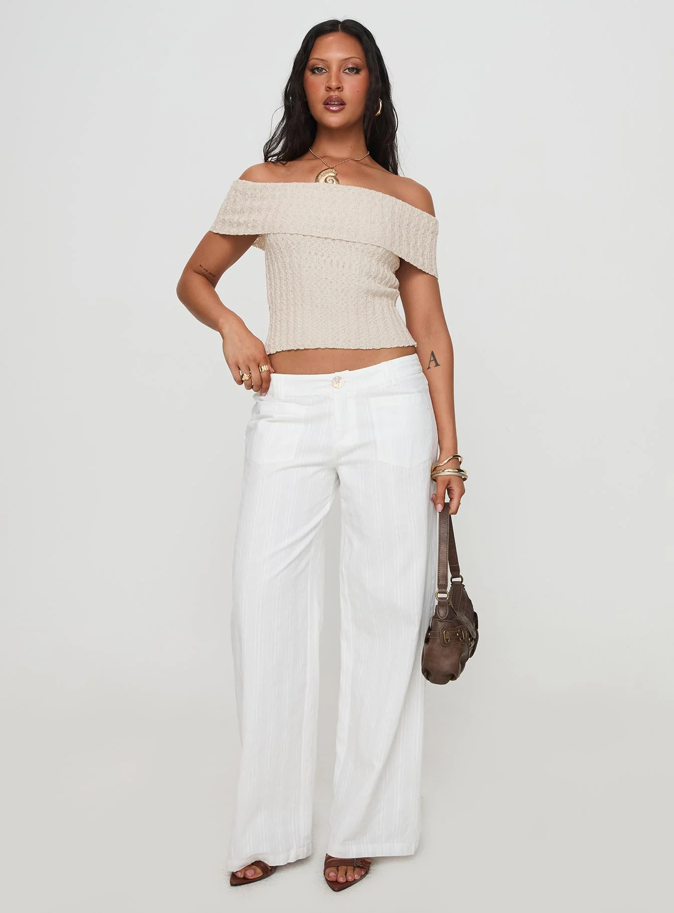 Murmur Off Shoulder Top Beige - Image 4