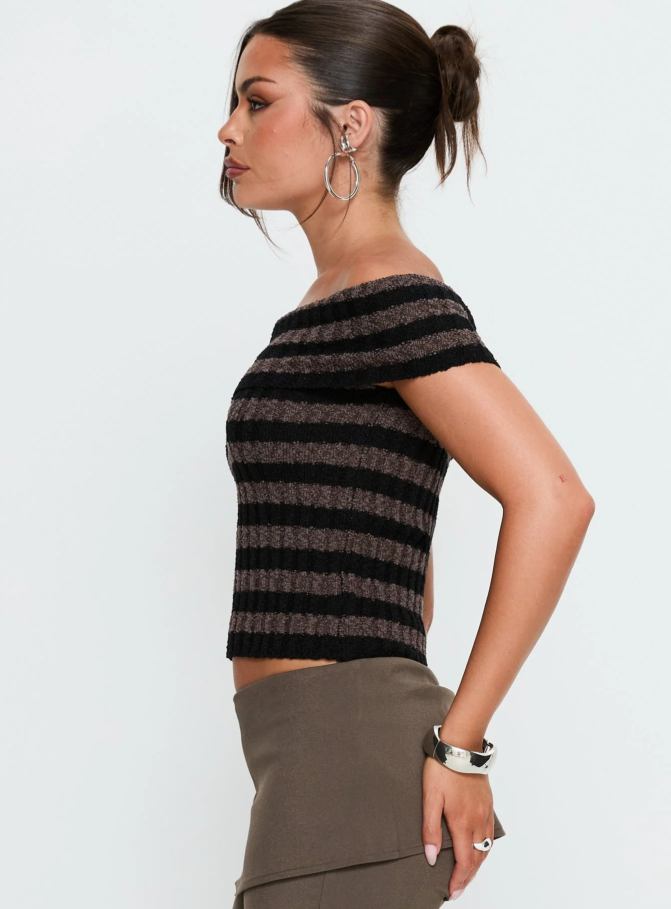Murmur Off Shoulder Top Brown / Black Stripe - Image 3