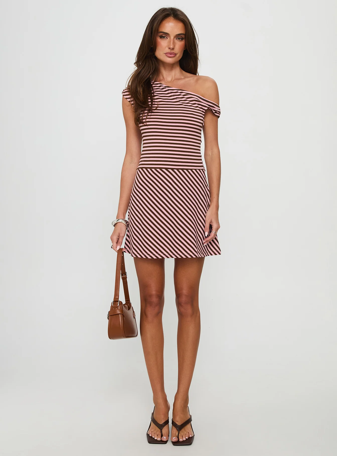 My Fun Off Shoulder Jersey Mini Dress Pink / Brown Stripe - Image 6