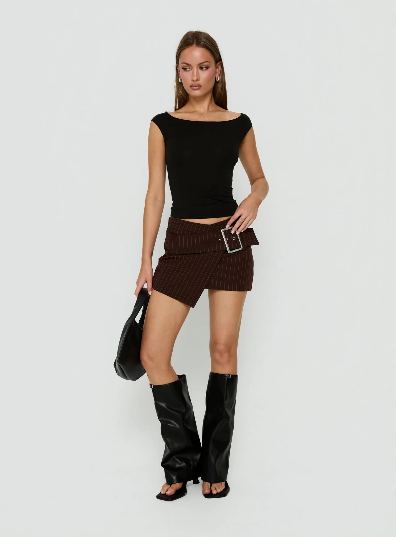 Myrienne Belted Mini Skirt Brown Pinstripe - Image 2