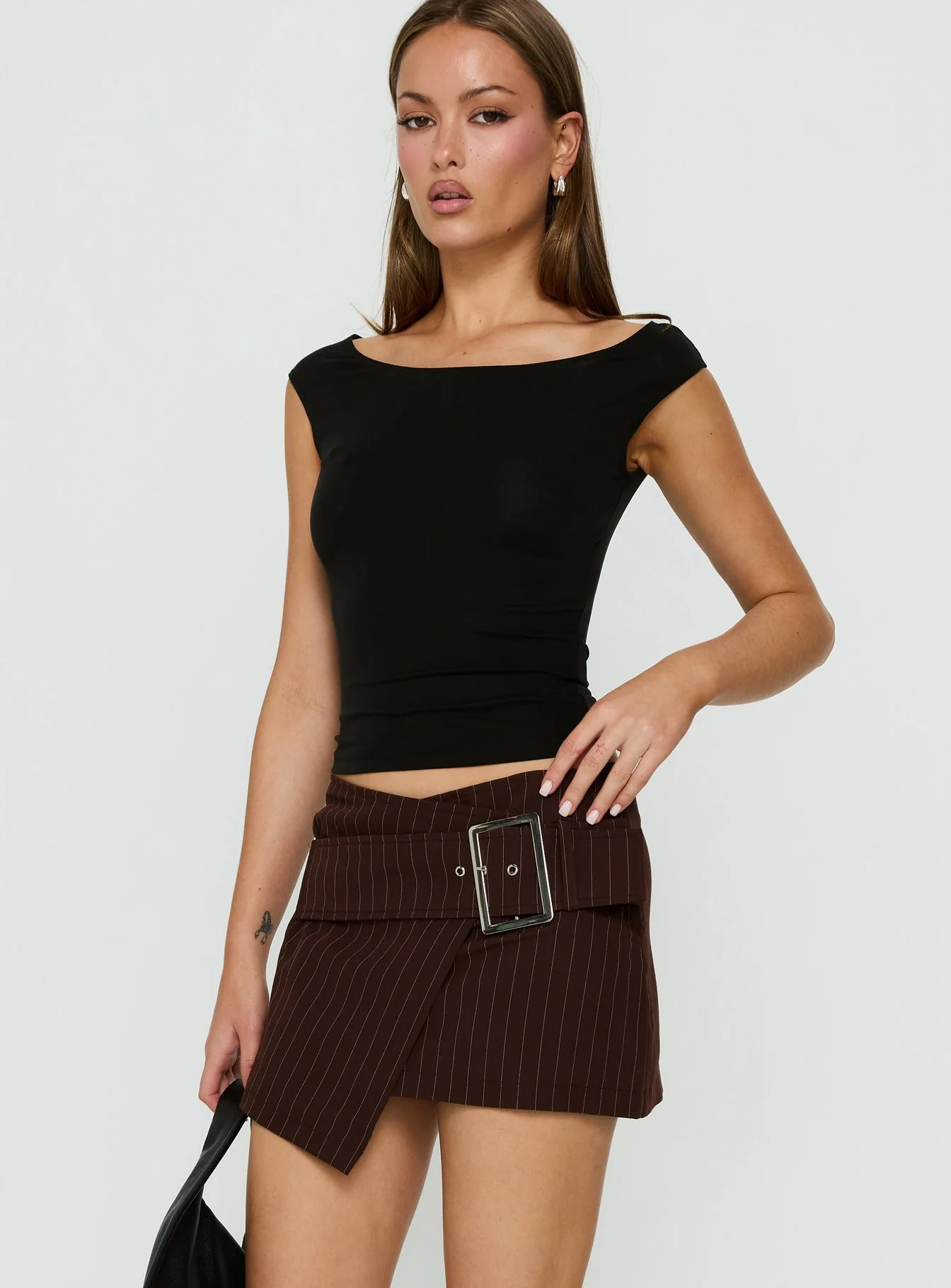 Myrienne Belted Mini Skirt Brown Pinstripe - Image 3
