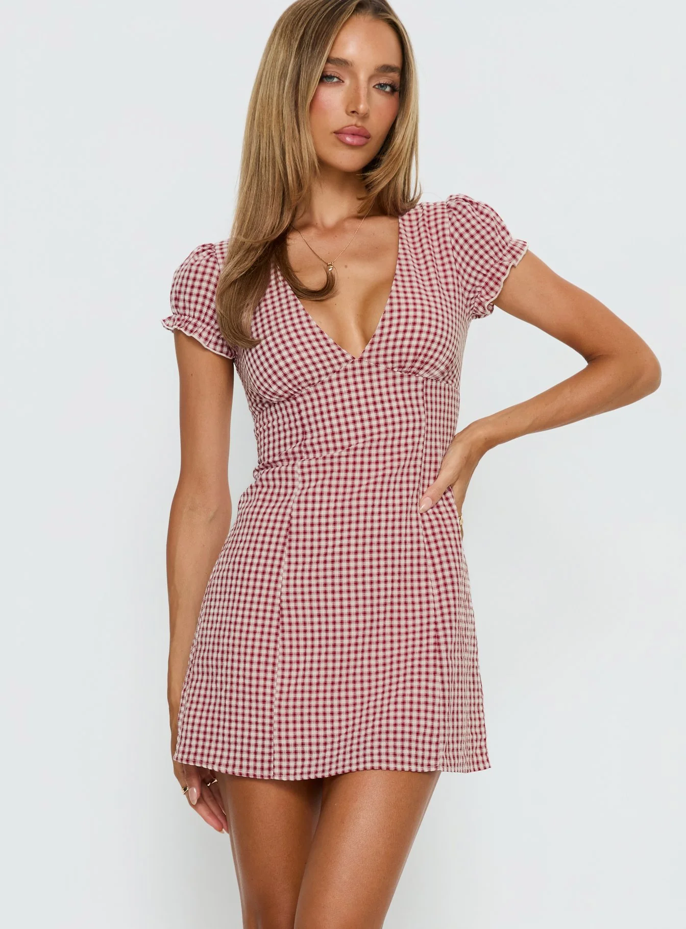 Mystee Plunge Neck Playsuit Burgundy Gingham - Image 2