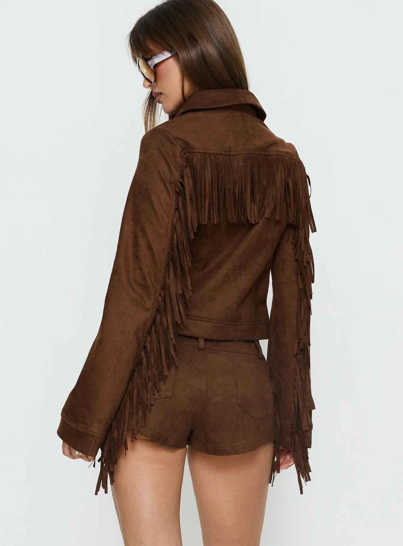 Dakohda Faux Suede Fringe Micro Short Chocolate Brown - Image 5