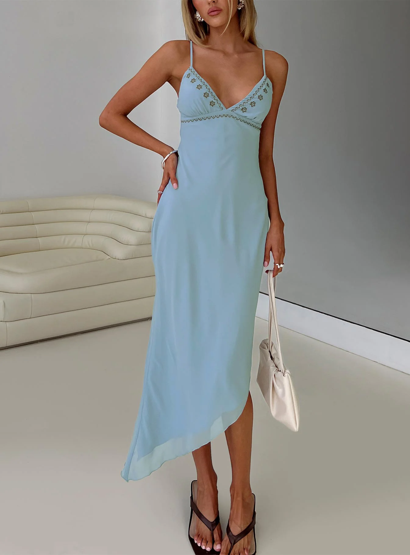Fleuretta Embroidered Midi Dress Blue / Brown - Image 8