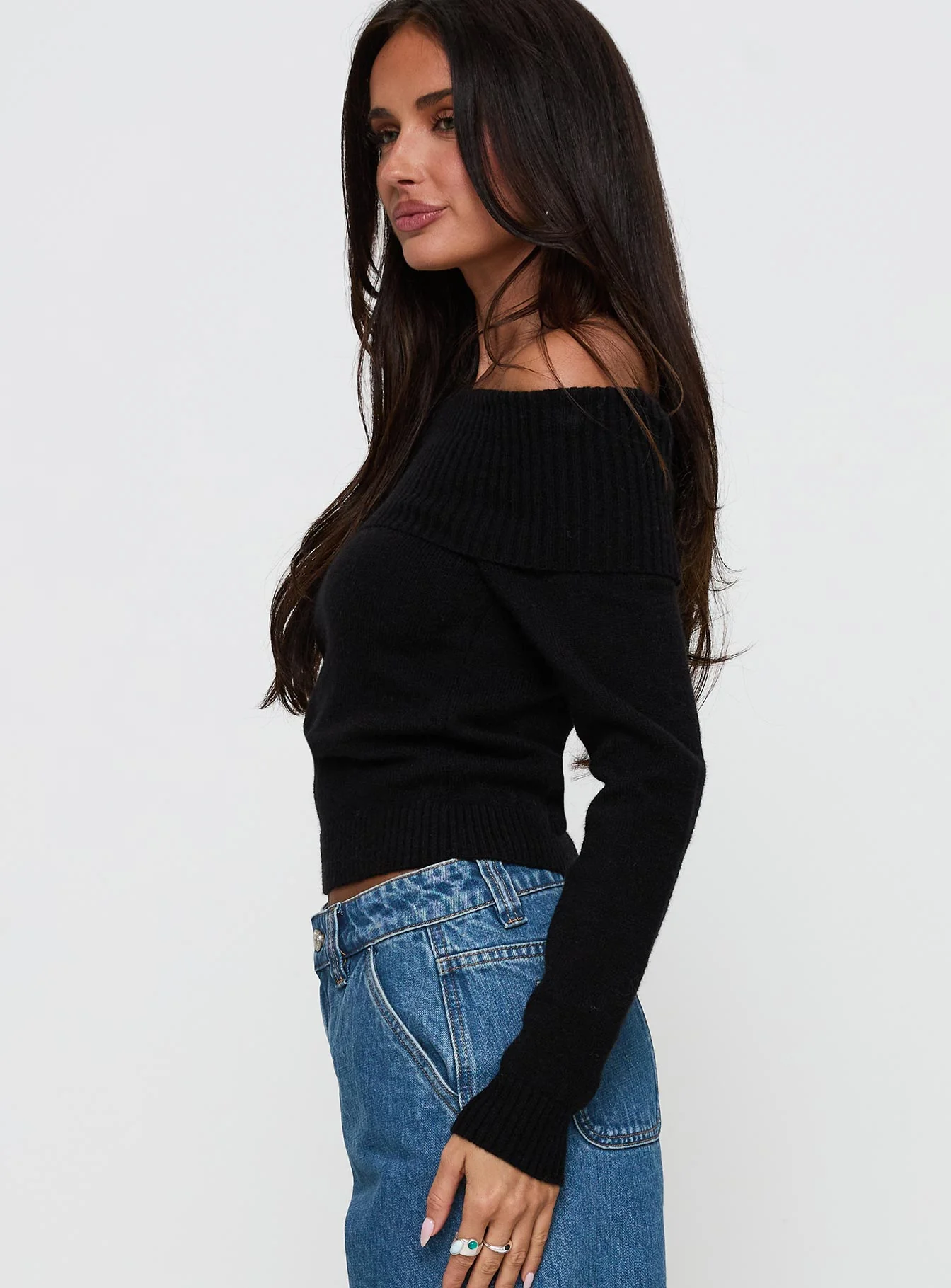 One For Me Off The Shoulder Long Sleeve Sweater Black - Image 4