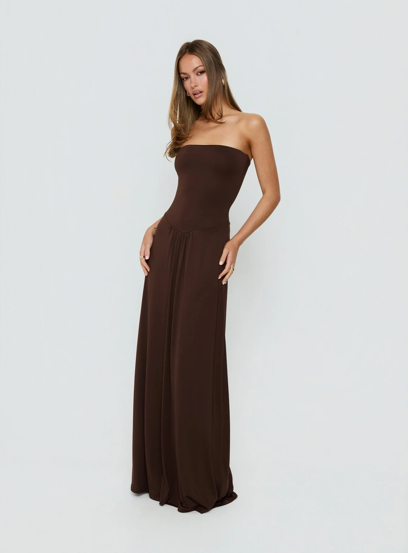 Ophal Strapless Drop Waist Maxi Dress Brown - Image 2
