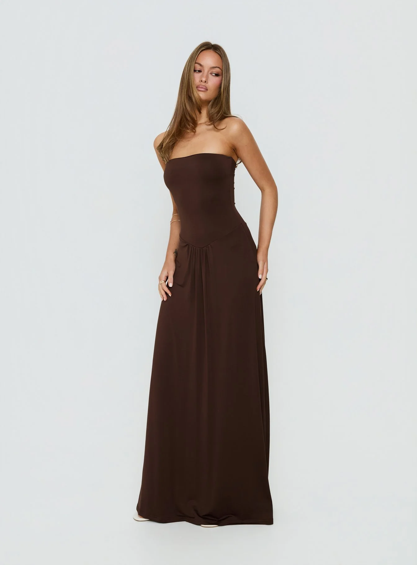 Ophal Strapless Drop Waist Maxi Dress Brown - Image 3