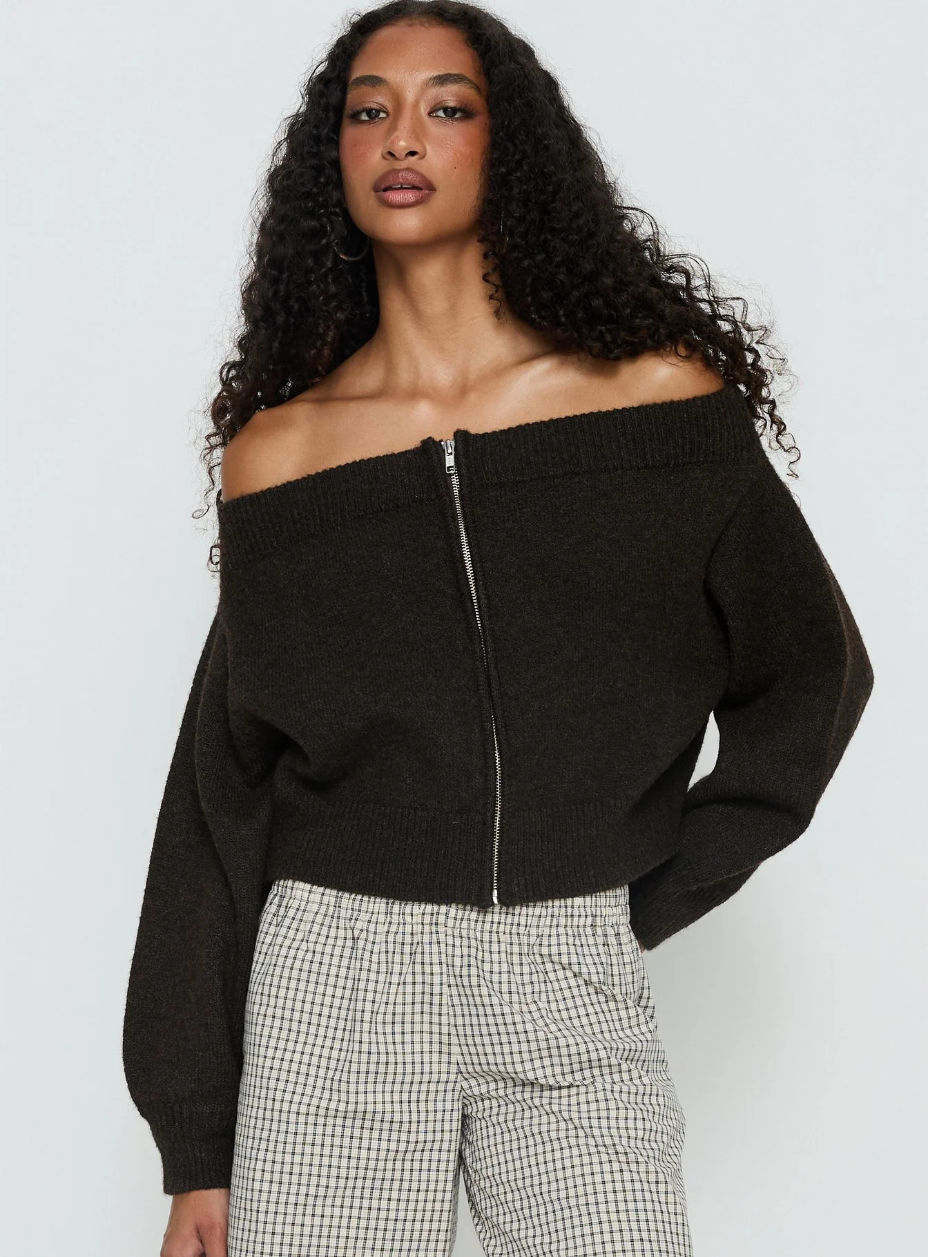 Ortensa Off Shoulder Zip Through Jumper Brown - Image 2